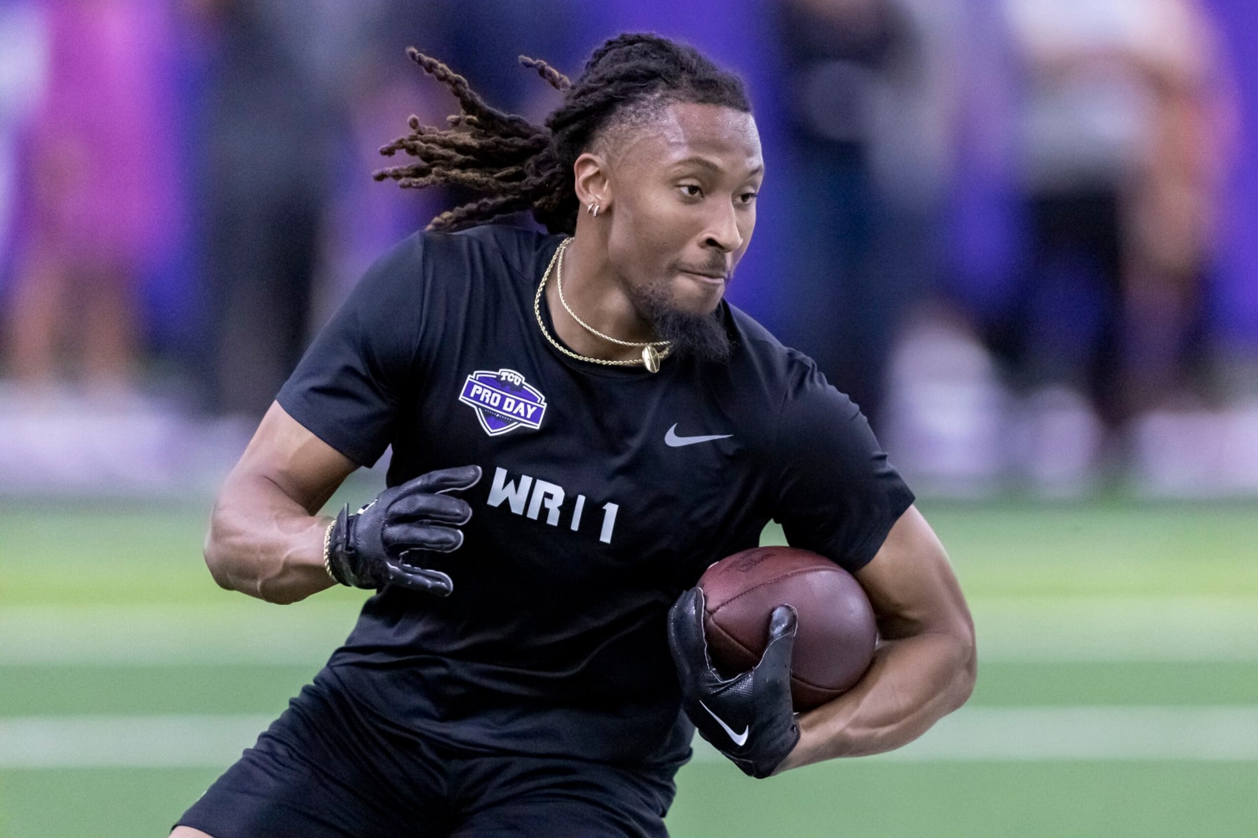 TCU football wide receiver Quentin Johnston carries a pass during NFL Pro Day, Thursday, March 30, 2023, in Fort Worth, Texas. (AP Photo/Brandon Wade)