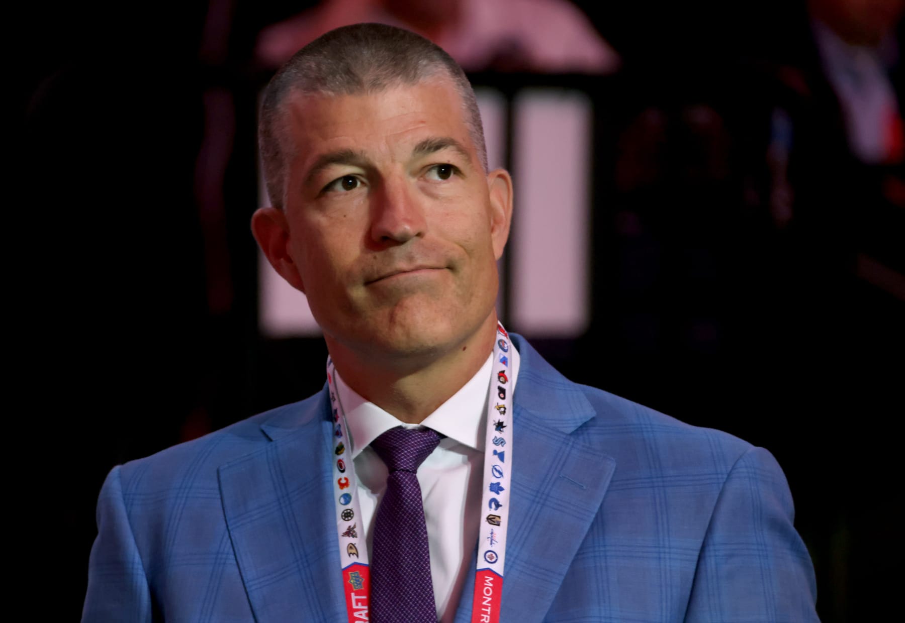 MONTREAL, QUEBEC - JULY 08: General manager Julien BriseBois of the Tampa Bay Lightning looks on during the 2022 Upper Deck NHL Draft at Bell Centre on July 08, 2022 in Montreal, Quebec. (Photo by Dave Sandford/NHLI via Getty Images)