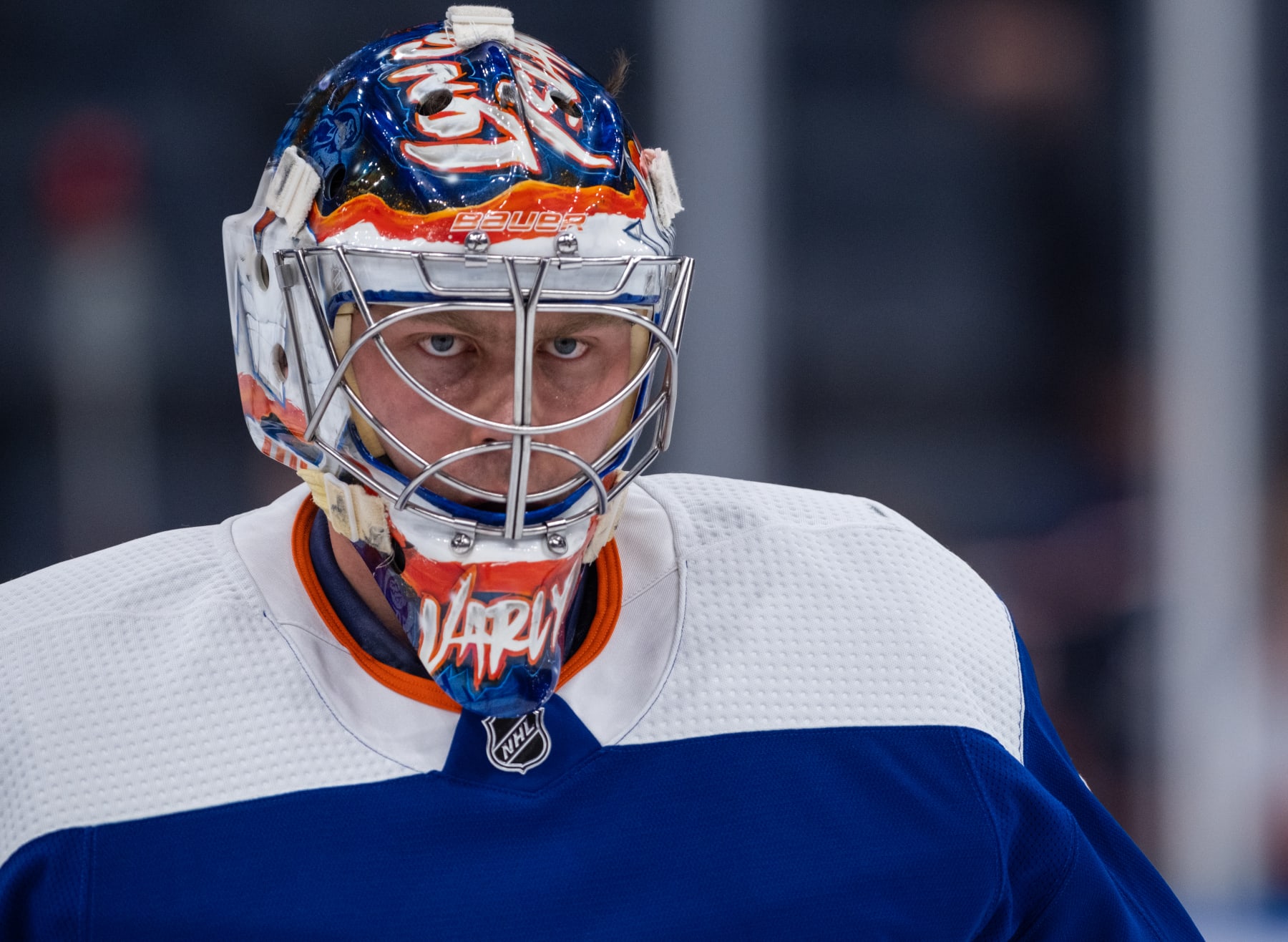 ELMONT, NEW YORK - APRIL 06: Semyon Varlamov #40 of the New York Islanders skates during warmups prior to playing in a game against the Tampa Bay Lightning at UBS Arena on April 06, 2023 in Elmont, New York. (Photo by Michael Mooney/NHLI via Getty Images)