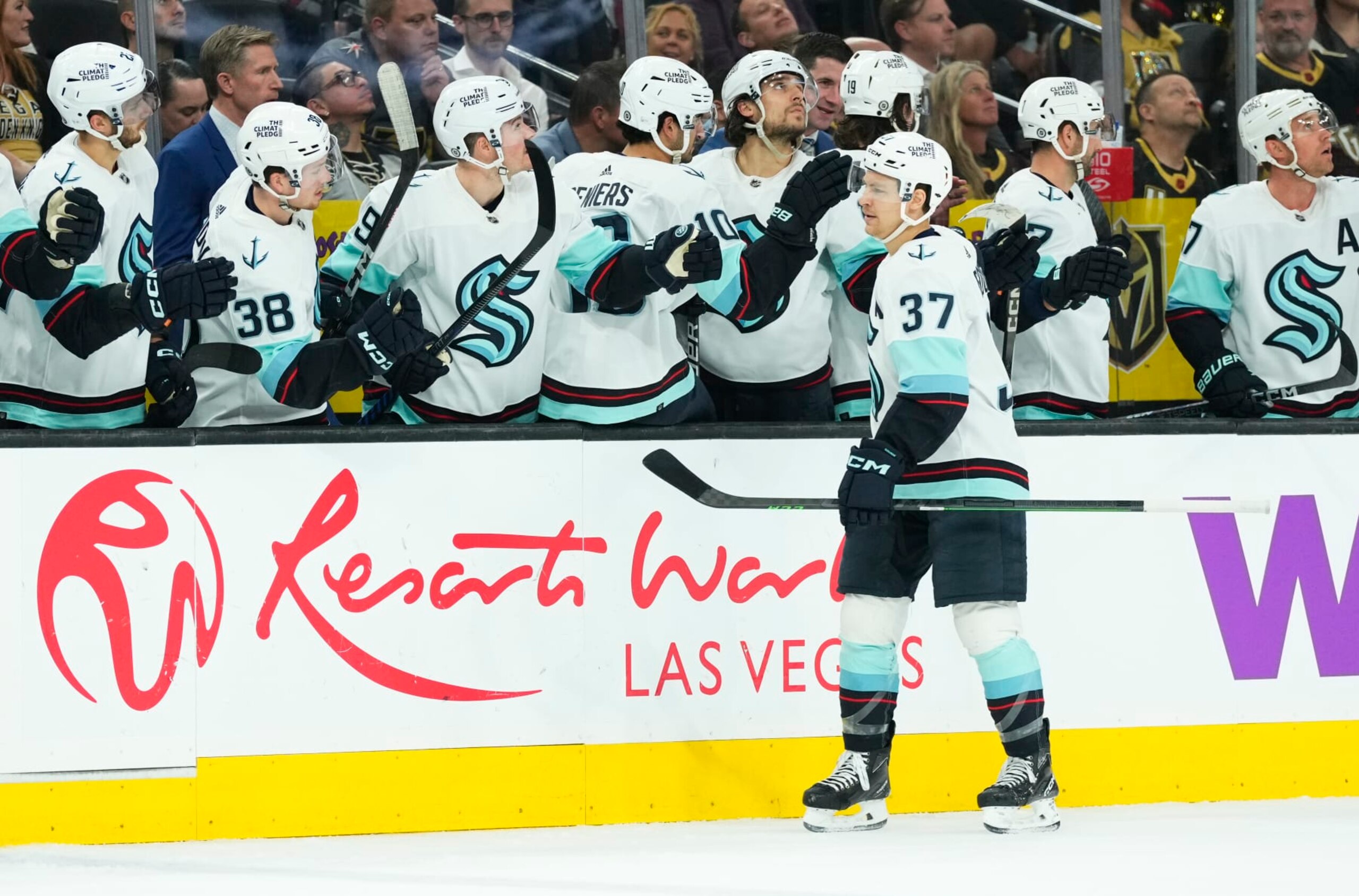 LAS VEGAS, NEVADA - APRIL 11: Yanni Gourde #37 of the Seattle Kraken celebrates after scoring a goal during the third period against the Vegas Golden Knights at T-Mobile Arena on April 11, 2023 in Las Vegas, Nevada. (Photo by Jeff Bottari/NHLI via Getty Images)