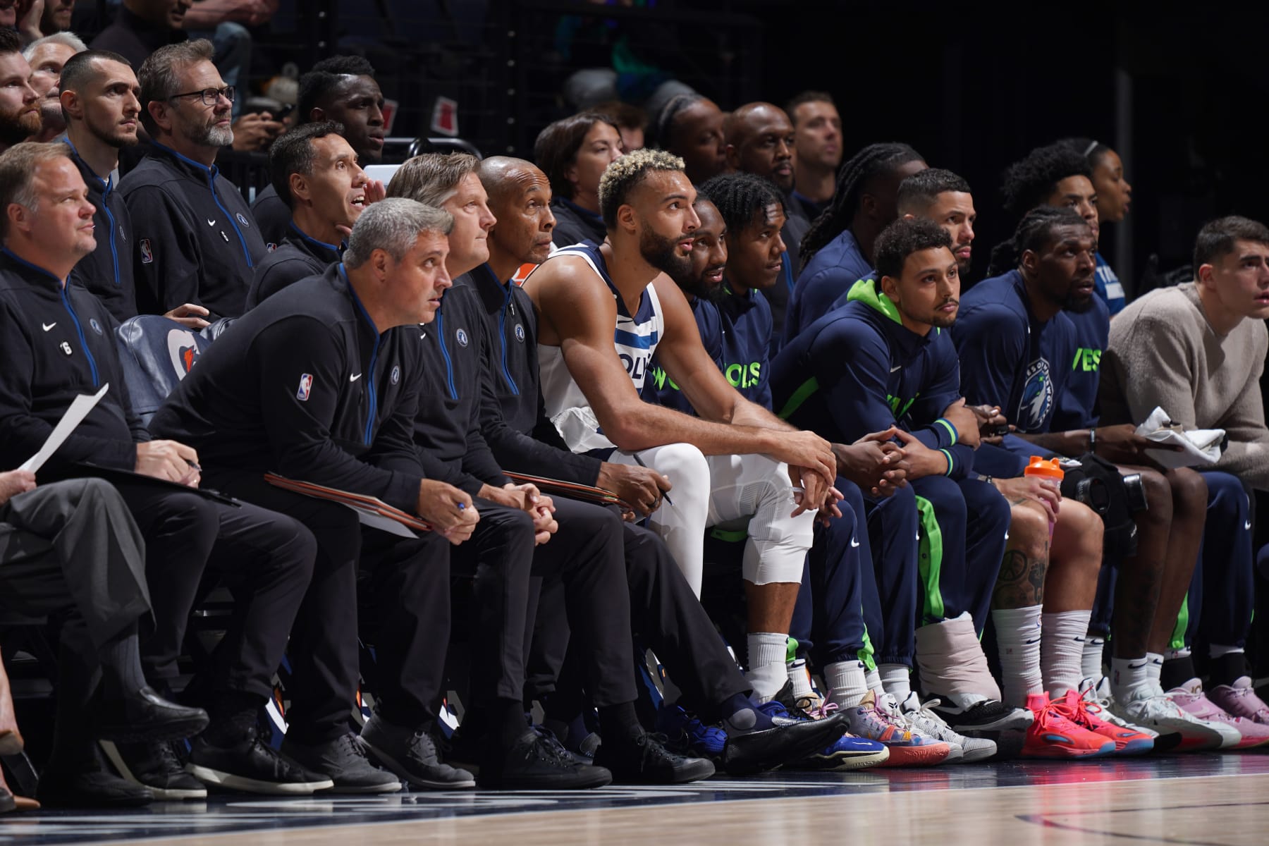 MINNEAPOLIS, MN -  OCTOBER 19: Rudy Gobert #27 of the Minnesota Timberwolves sits on the bench during the game against the Oklahoma City Thunder on October 19, 2022 at Target Center in Minneapolis, Minnesota. NOTE TO USER: User expressly acknowledges and agrees that, by downloading and or using this Photograph, user is consenting to the terms and conditions of the Getty Images License Agreement. Mandatory Copyright Notice: Copyright 2022 NBAE (Photo by Jordan Johnson/NBAE via Getty Images)