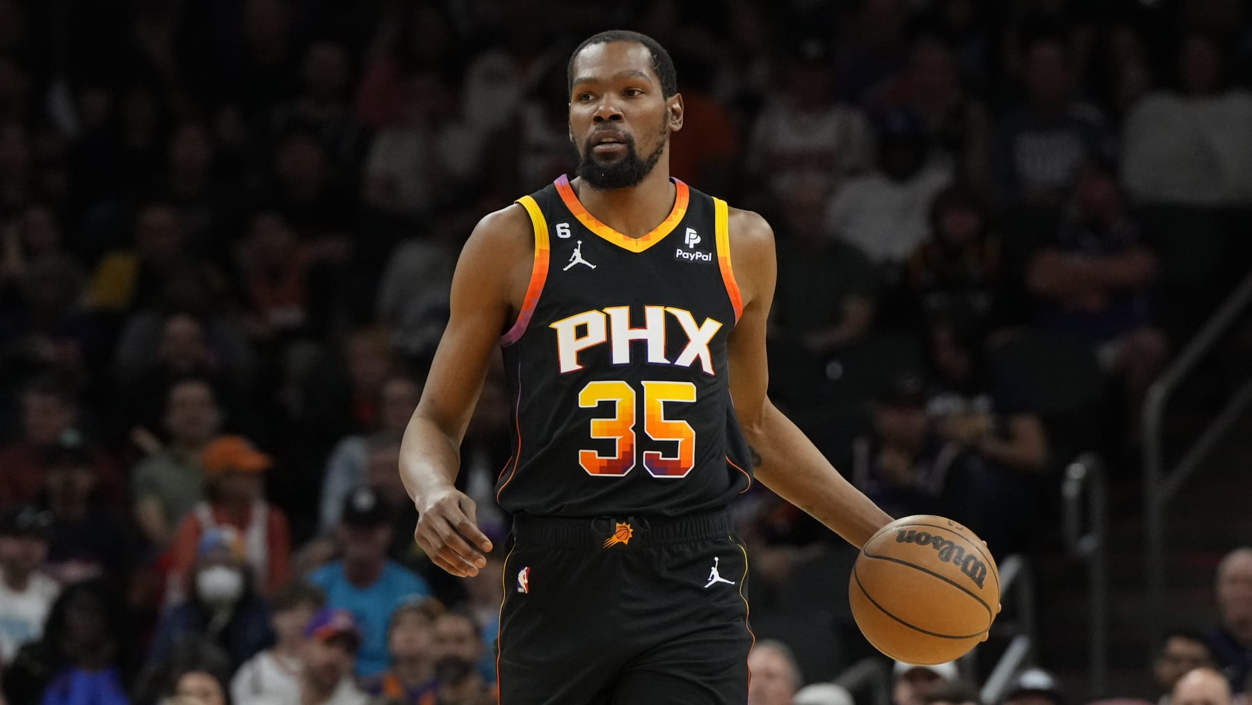 Phoenix Suns forward Kevin Durant (35) during the first half of an NBA basketball game against the Denver Nuggets, Thursday, April 6, 2023, in Phoenix. (AP Photo/Rick Scuteri)