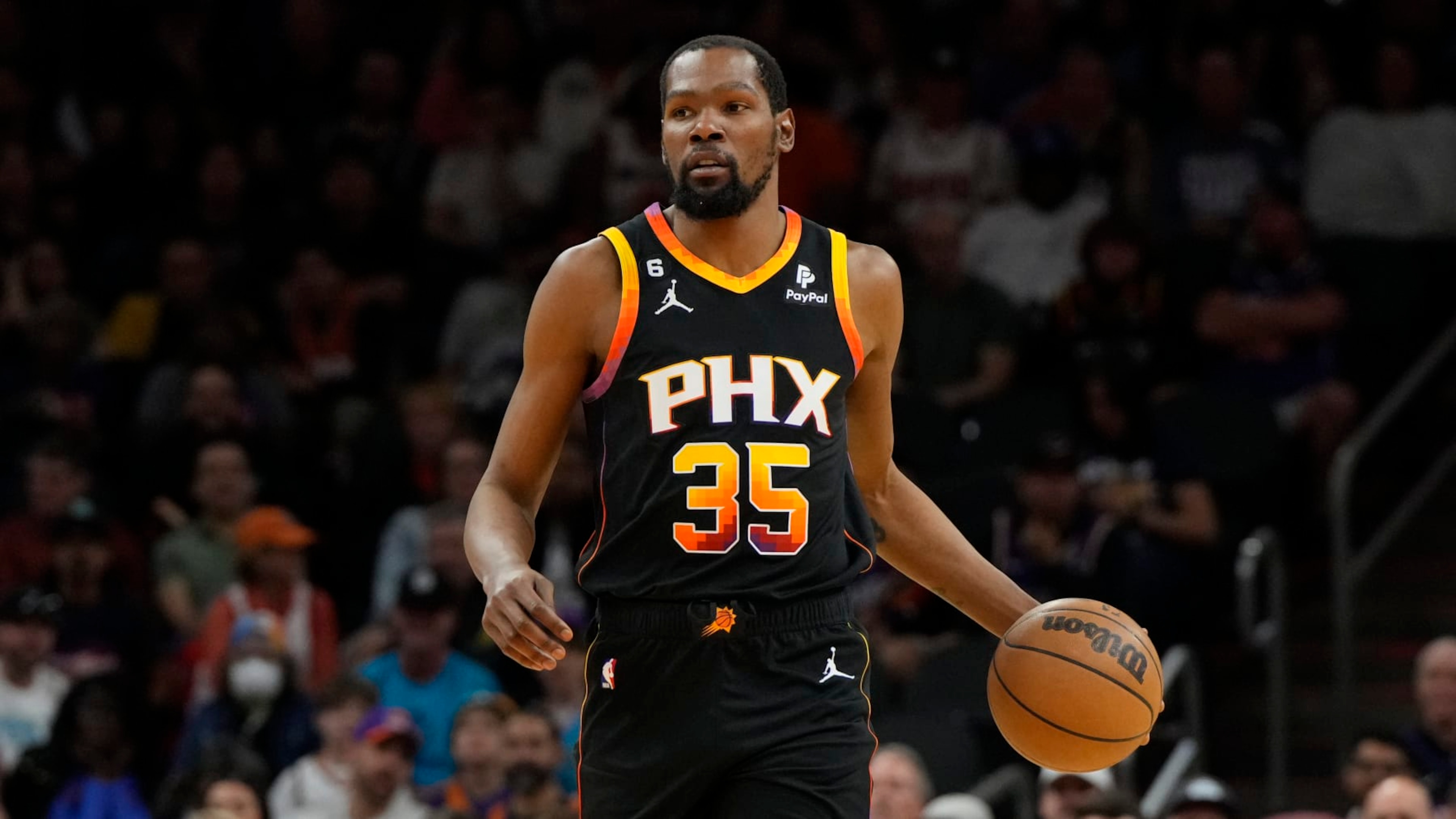 Phoenix Suns forward Kevin Durant (35) during the first half of an NBA basketball game against the Denver Nuggets, Thursday, April 6, 2023, in Phoenix. (AP Photo/Rick Scuteri) Phoenix Suns forward Kevin Durant (35) during the first half of an NBA basketball game against the Denver Nuggets, Thursday, April 6, 2023, in Phoenix. (AP Photo/Rick Scuteri)