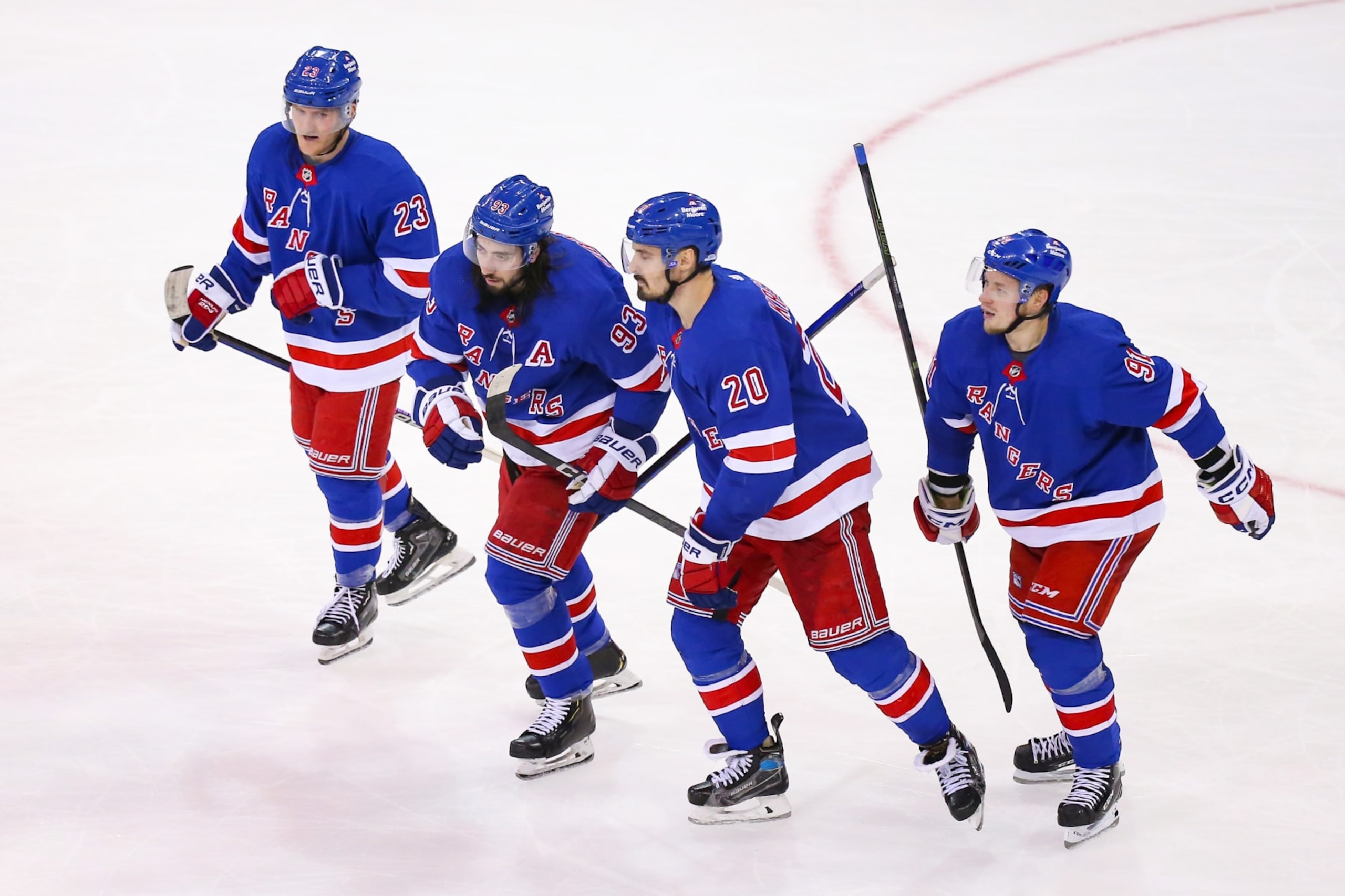 NEW YORK, NY - APRIL 05: The New York Rangers are pictured during the third period of the National Hockey League game between the Tampa Bay Lightning and the New York Rangers on April 5, 2023 at Madison Square Garden in New York, NY. (Photo by Joshua Sarner/Icon Sportswire via Getty Images)
