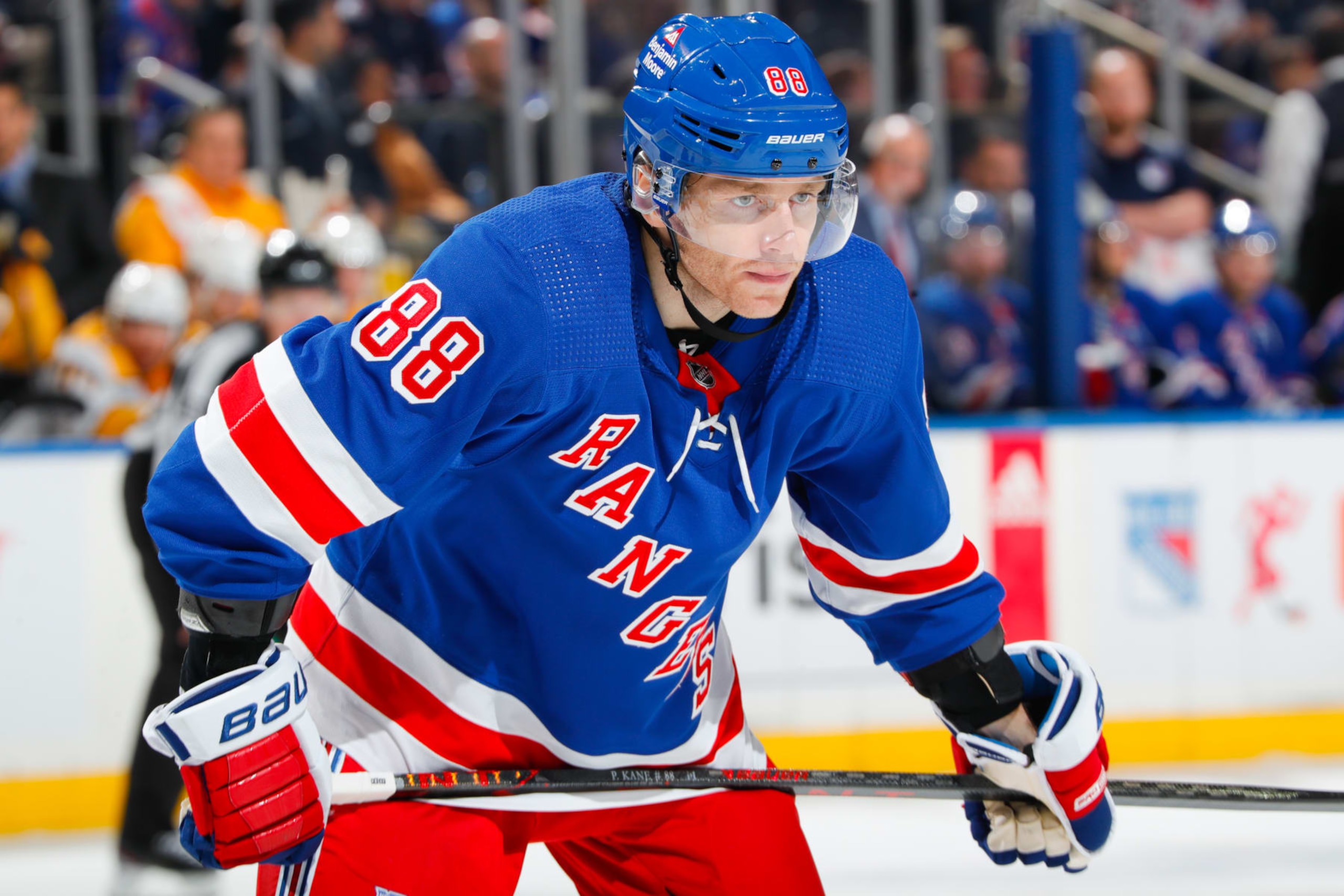 NEW YORK, NEW YORK - MARCH 19:  Patrick Kane #88 of the New York Rangers skates against the Nashville Predators at Madison Square Garden on March 19, 2023 in New York City. (Photo by Jared Silber/NHLI via Getty Images)