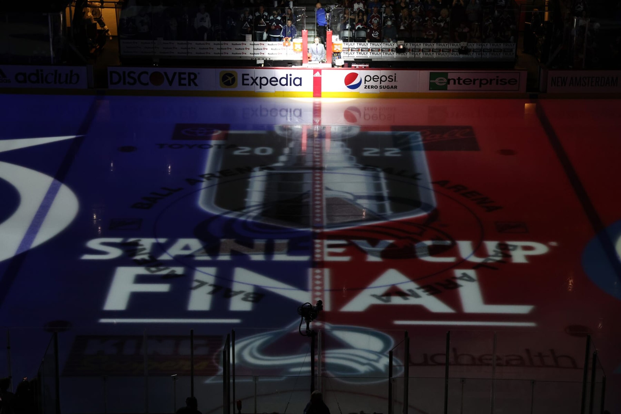 DENVER, COLORADO - JUNE 15: The Stanley Cup Final logo is displayed on center ice before the start of Game One of the 2022 Stanley Cup Final between the Tampa Bay Lightning and Colorado Avalanche at Ball Arena on June 15, 2022 in Denver, Colorado. (Photo by Harry How/Getty Images)