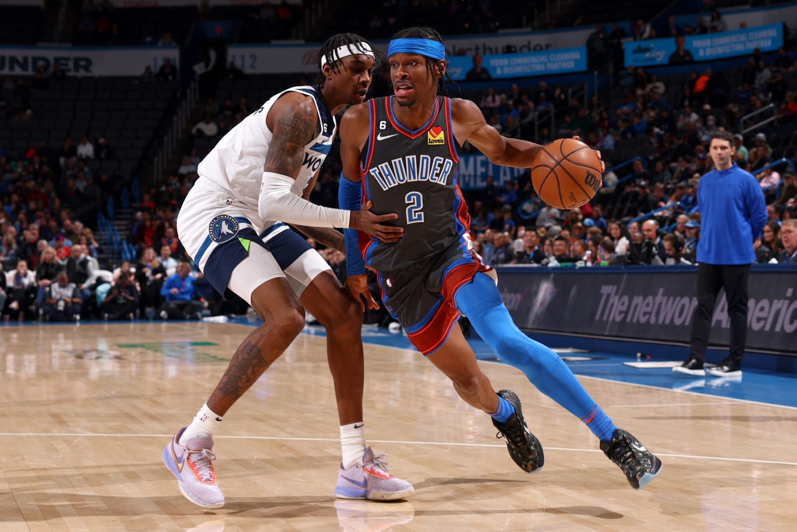 OKLAHOMA CITY, OK - DECEMBER 16: Shai Gilgeous-Alexander #2 of the Oklahoma City Thunder dribbles the ball during the game against the Minnesota Timberwolves on December 16, 2022 at Paycom Arena in Oklahoma City, Oklahoma. NOTE TO USER: User expressly acknowledges and agrees that, by downloading and or using this photograph, User is consenting to the terms and conditions of the Getty Images License Agreement. Mandatory Copyright Notice: Copyright 2022 NBAE (Photo by Zach Beeker/NBAE via Getty Images)