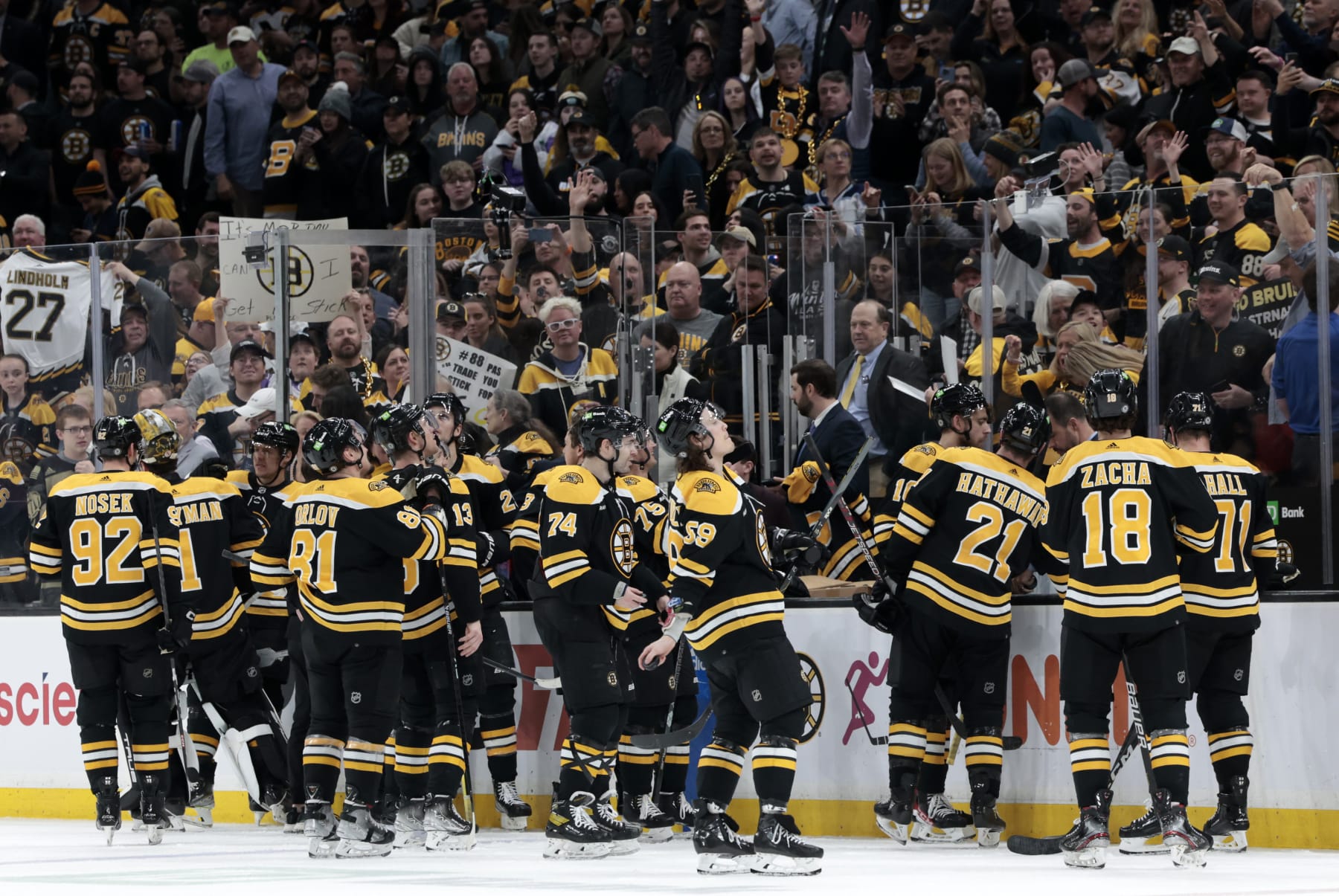 BOSTON, MA - APRIL 11: The Bruins toss pucks to the fans after a game between the Boston Bruins and the Washington Capitals on April 11, 2023, at TD Garden in Boston, Massachusetts. (Photo by Fred Kfoury III/Icon Sportswire via Getty Images)