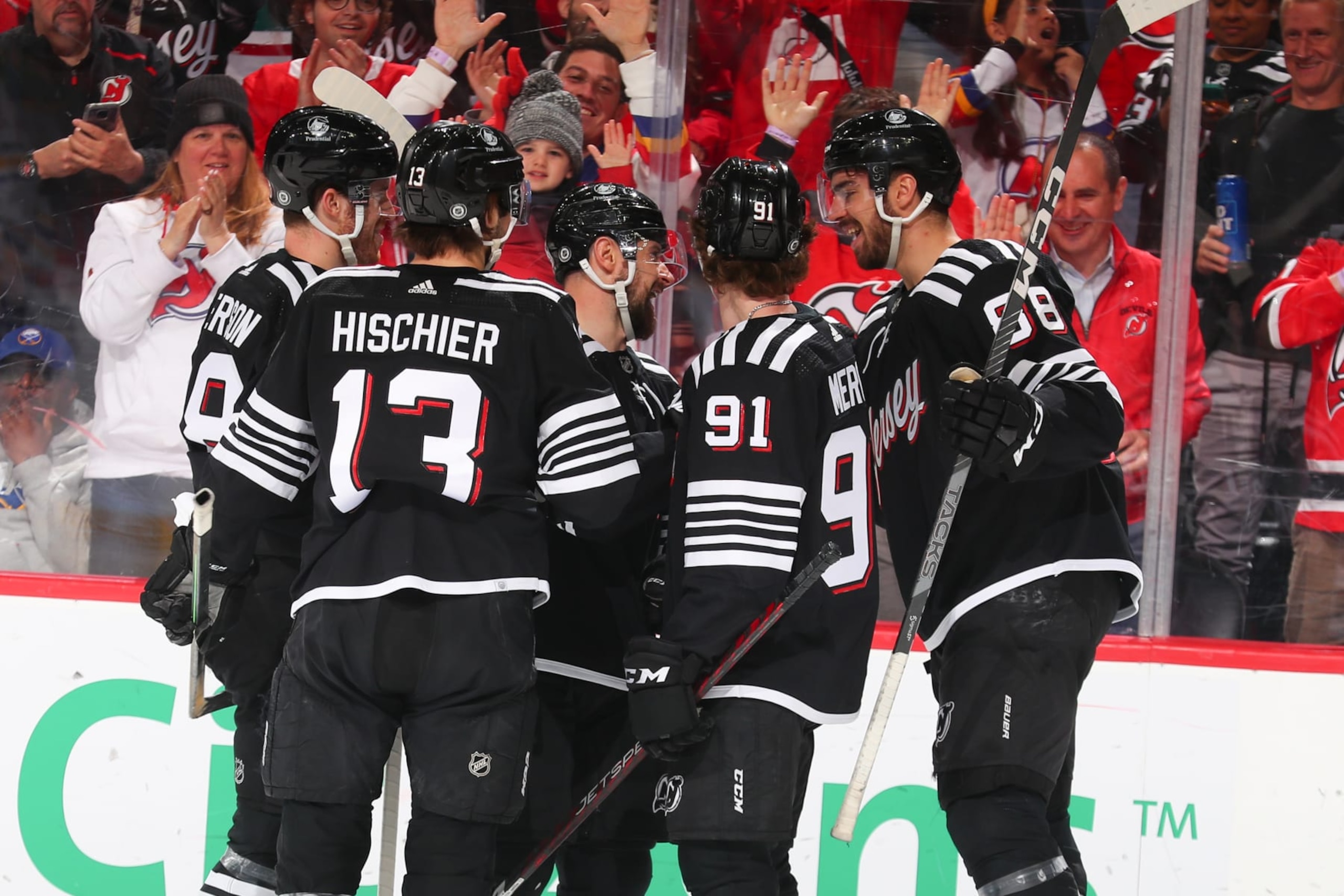 NEWARK, NJ - APRIL 11: Tomas Tatar #90 of the New Jersey Devils celebrates his goal with his teammates in the third period of the game against the Buffalo Sabres on April 11, 2023 in Newark, New Jersey. (Photo by Rich Graessle/NHLI via Getty Images) NEWARK, NJ - APRIL 11: Tomas Tatar #90 of the New Jersey Devils celebrates his goal with his teammates in the third period of the game against the Buffalo Sabres on April 11, 2023 in Newark, New Jersey. (Photo by Rich Graessle/NHLI via Getty Images)