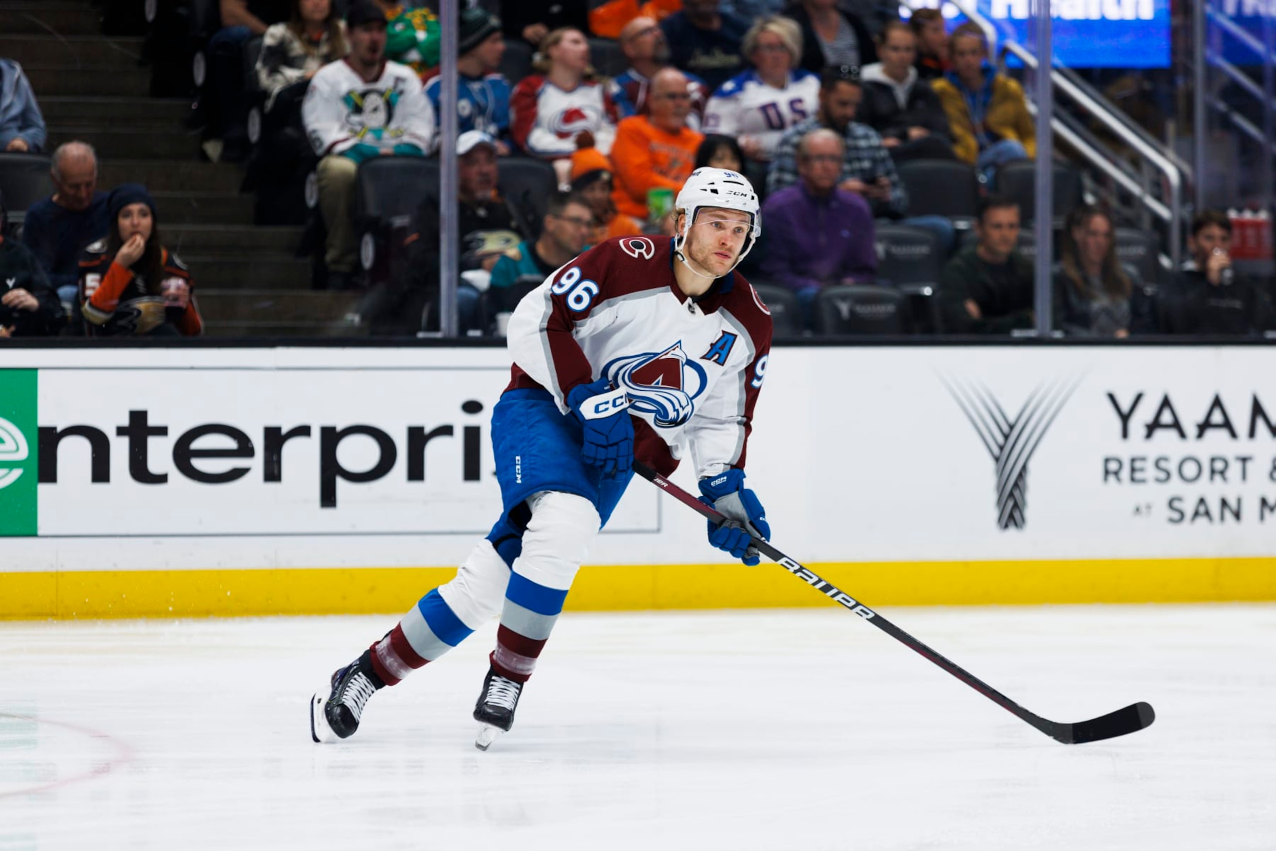 ANAHEIM, CA - APRIL 09: Colorado Avalanche right wing Mikko Rantanen (96) skates during an NHL hockey game between the Colorado Avalanche and the Anaheim Ducks on April 9, 2023 at Honda Center in Anaheim, CA. (Photo by Ric Tapia/Icon Sportswire via Getty Images) ANAHEIM, CA - APRIL 09: Colorado Avalanche right wing Mikko Rantanen (96) skates during an NHL hockey game between the Colorado Avalanche and the Anaheim Ducks on April 9, 2023 at Honda Center in Anaheim, CA. (Photo by Ric Tapia/Icon Sportswire via Getty Images)
