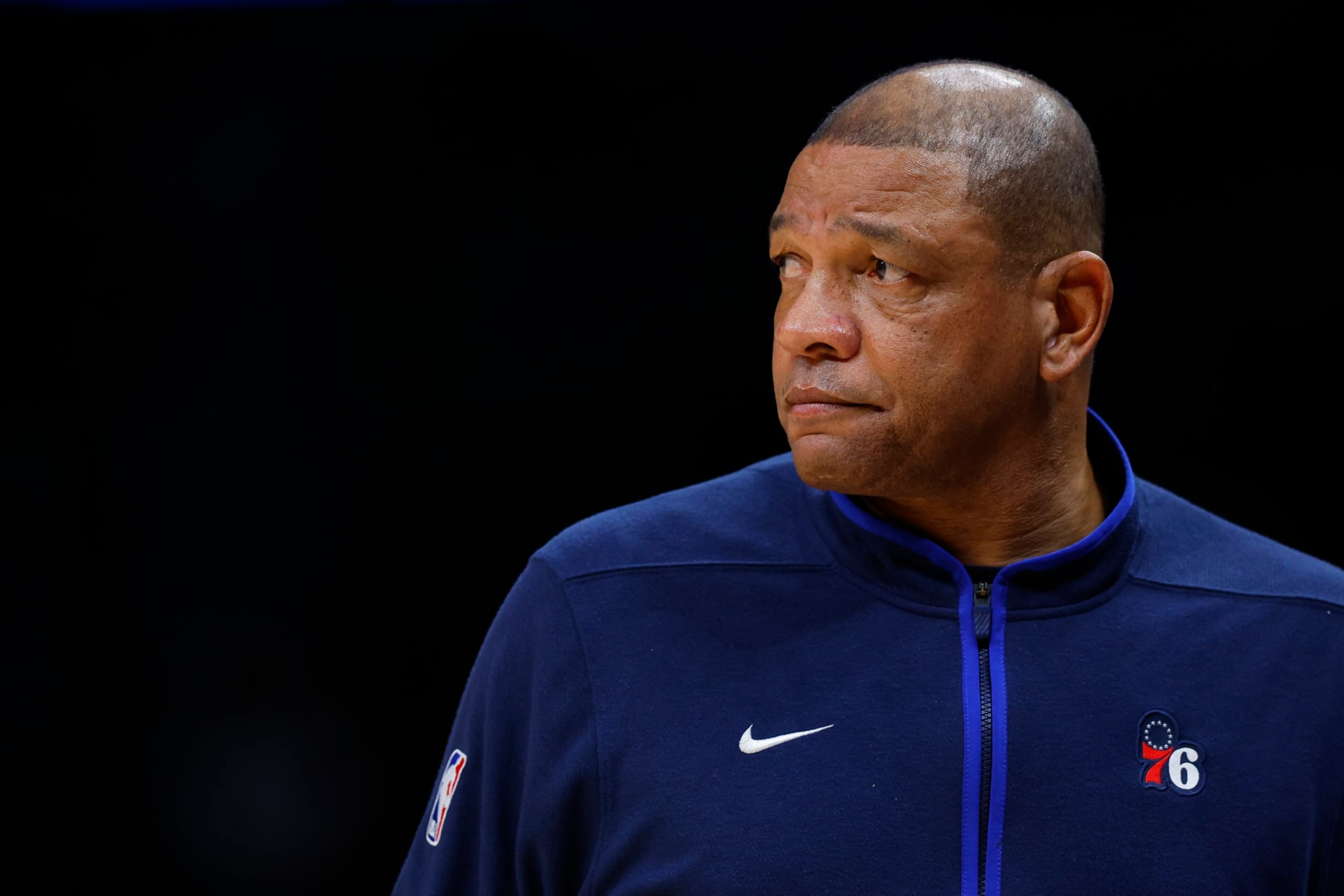 ATLANTA, GA - APRIL 07: Head coach Doc Rivers of the Philadelphia 76ers looks on during the first half against the Atlanta Hawks at State Farm Arena on April 7, 2023 in Atlanta, Georgia. NOTE TO USER: User expressly acknowledges and agrees that, by downloading and or using this photograph, User is consenting to the terms and conditions of the Getty Images License Agreement. (Photo by Todd Kirkland/Getty Images)