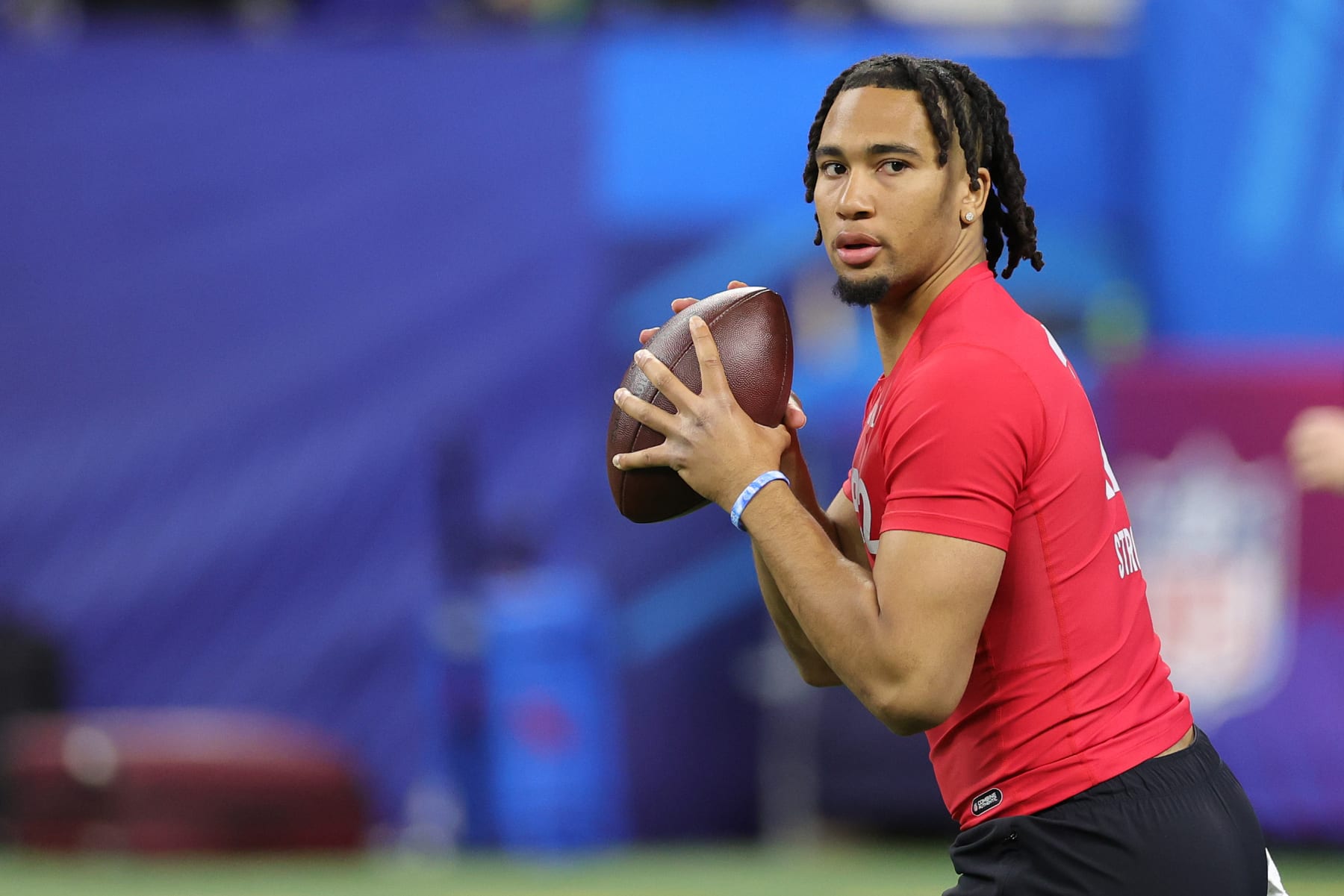 INDIANAPOLIS, INDIANA - MARCH 04: CJ Stroud of Ohio State participates in a drill during the NFL Combine at Lucas Oil Stadium on March 04, 2023 in Indianapolis, Indiana. (Photo by Stacy Revere/Getty Images)