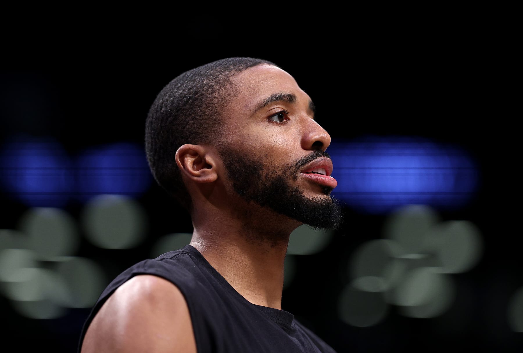 NEW YORK, NEW YORK - APRIL 07:  Mikal Bridges #1 of the Brooklyn Nets warms up before the game against the Orlando Magic at Barclays Center on April 07, 2023 in the Brooklyn borough of New York City. NOTE TO USER: User expressly acknowledges and agrees that, by downloading and or using this photograph, User is consenting to the terms and conditions of the Getty Images License Agreement. (Photo by Elsa/Getty Images)