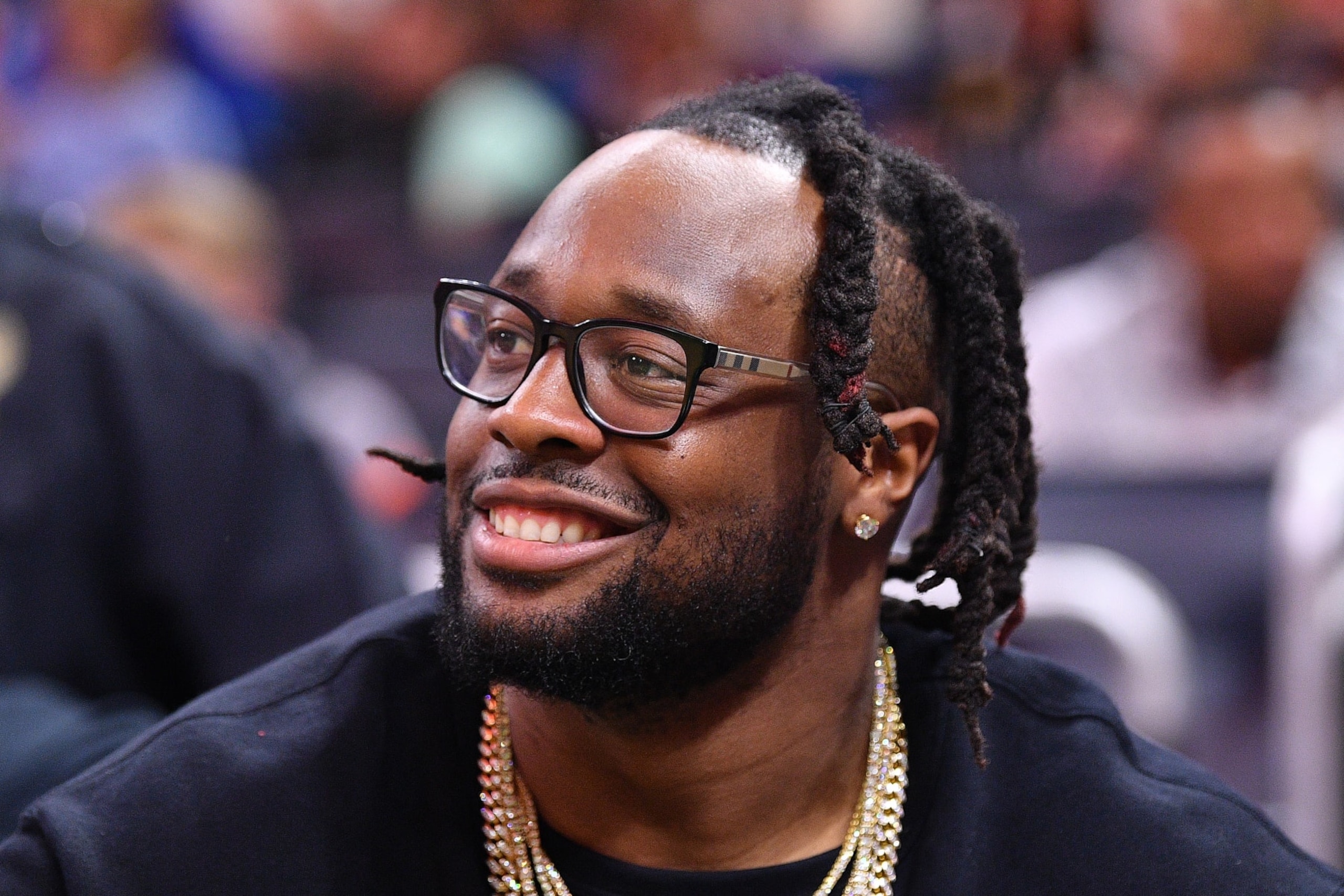 ORLANDO, FLORIDA - FEBRUARY 10: Gerald McCoy of the Carolina Panthers attends the game between the Orlando Magic and the Atlanta Hawks at Amway Center on February 10, 2020 in Orlando, Florida.  NOTE TO USER: User expressly acknowledges and agrees that, by downloading and/or using this photograph, user is consenting to the terms and conditions of the Getty Images License Agreement.  (Photo by Mark Brown/Getty Images)