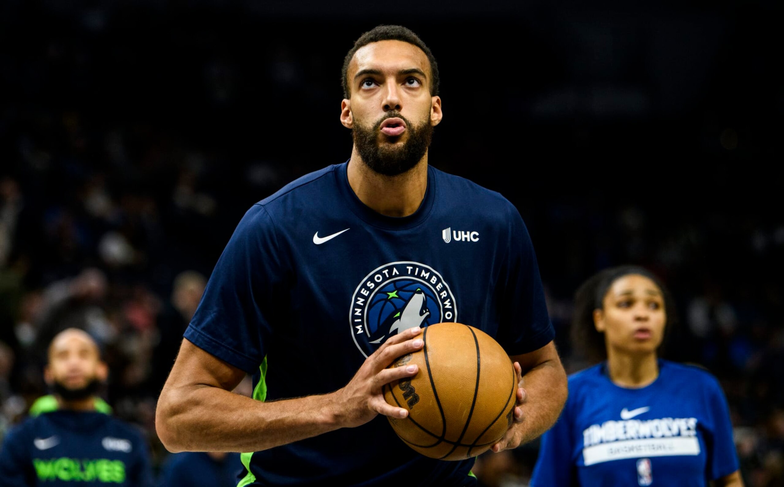 MINNEAPOLIS, MN - APRIL 09: Rudy Gobert #27 of the Minnesota Timberwolves warms up before the game against the New Orleans Pelicans at Target Center on April 9, 2023 in Minneapolis, Minnesota. (Photo by Stephen Maturen/Getty Images) NOTE TO USER: User expressly acknowledges and agrees that, by downloading and or using this photograph, User is consenting to the terms and conditions of the Getty Images License Agreement.