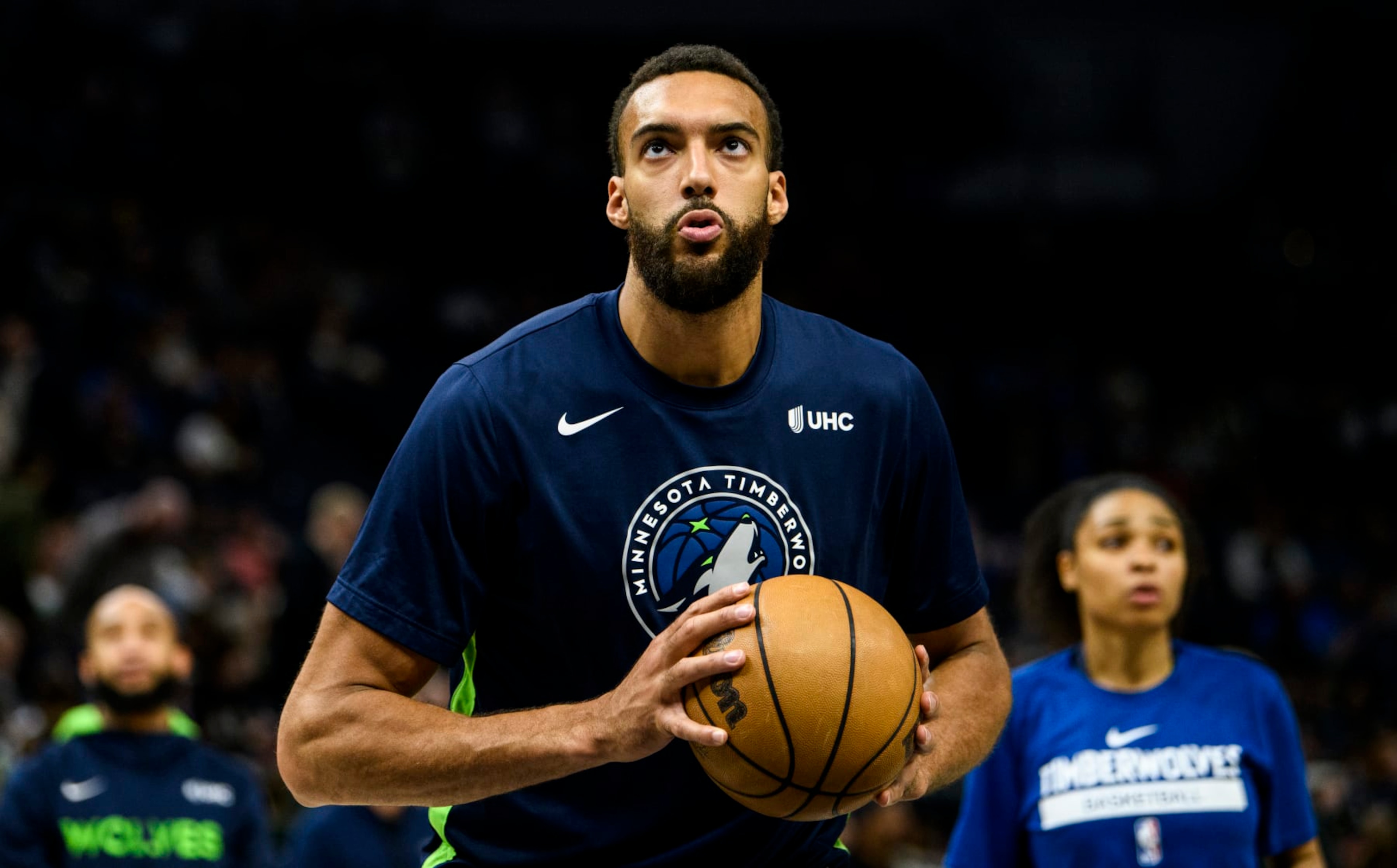 MINNEAPOLIS, MN - APRIL 09: Rudy Gobert #27 of the Minnesota Timberwolves warms up before the game against the New Orleans Pelicans at Target Center on April 9, 2023 in Minneapolis, Minnesota. (Photo by Stephen Maturen/Getty Images) NOTE TO USER: User expressly acknowledges and agrees that, by downloading and or using this photograph, User is consenting to the terms and conditions of the Getty Images License Agreement.