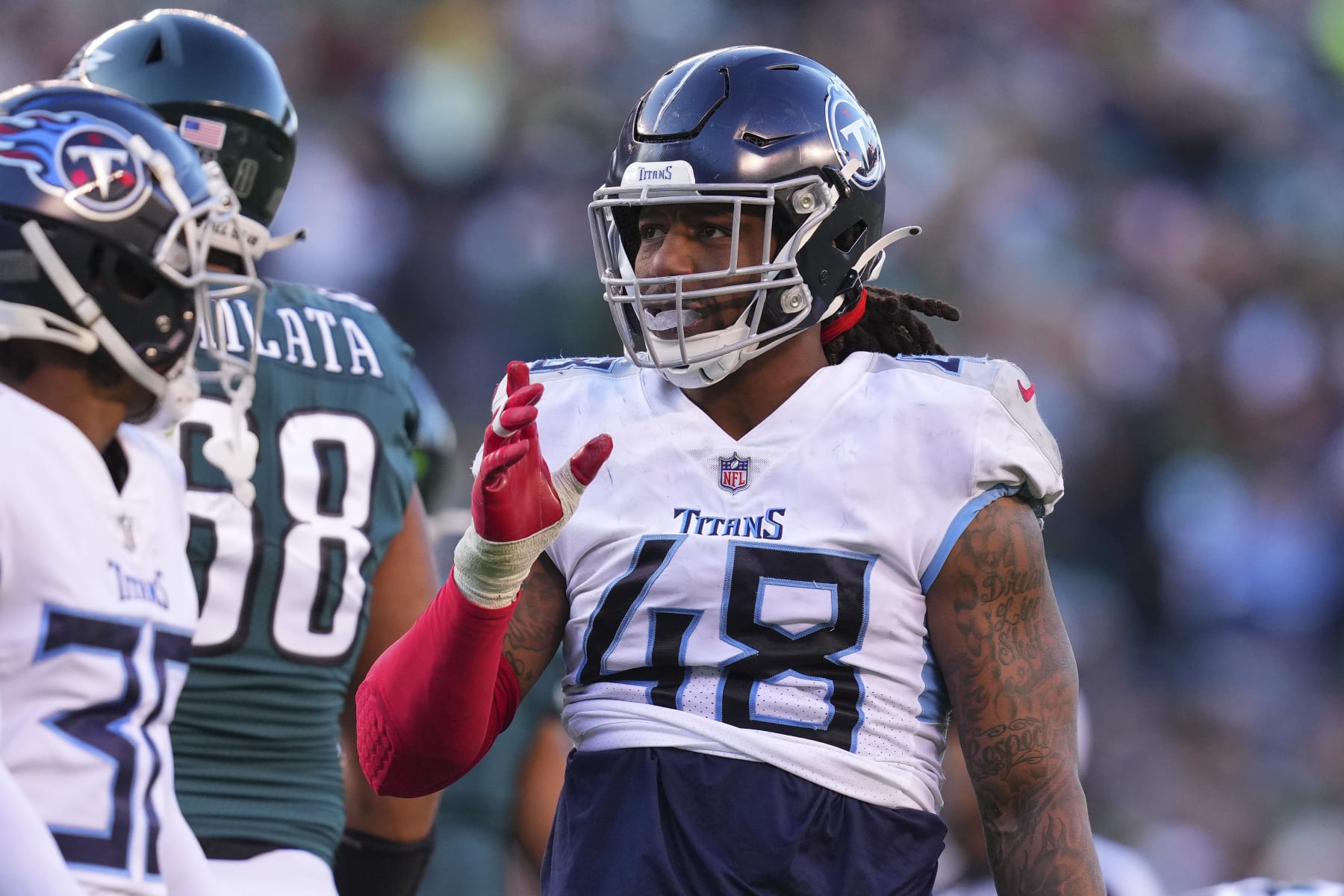 PHILADELPHIA, PA - DECEMBER 04: Bud Dupree #48 of the Tennessee Titans looks on against the Philadelphia Eagles at Lincoln Financial Field on December 4, 2022 in Philadelphia, Pennsylvania. (Photo by Mitchell Leff/Getty Images)