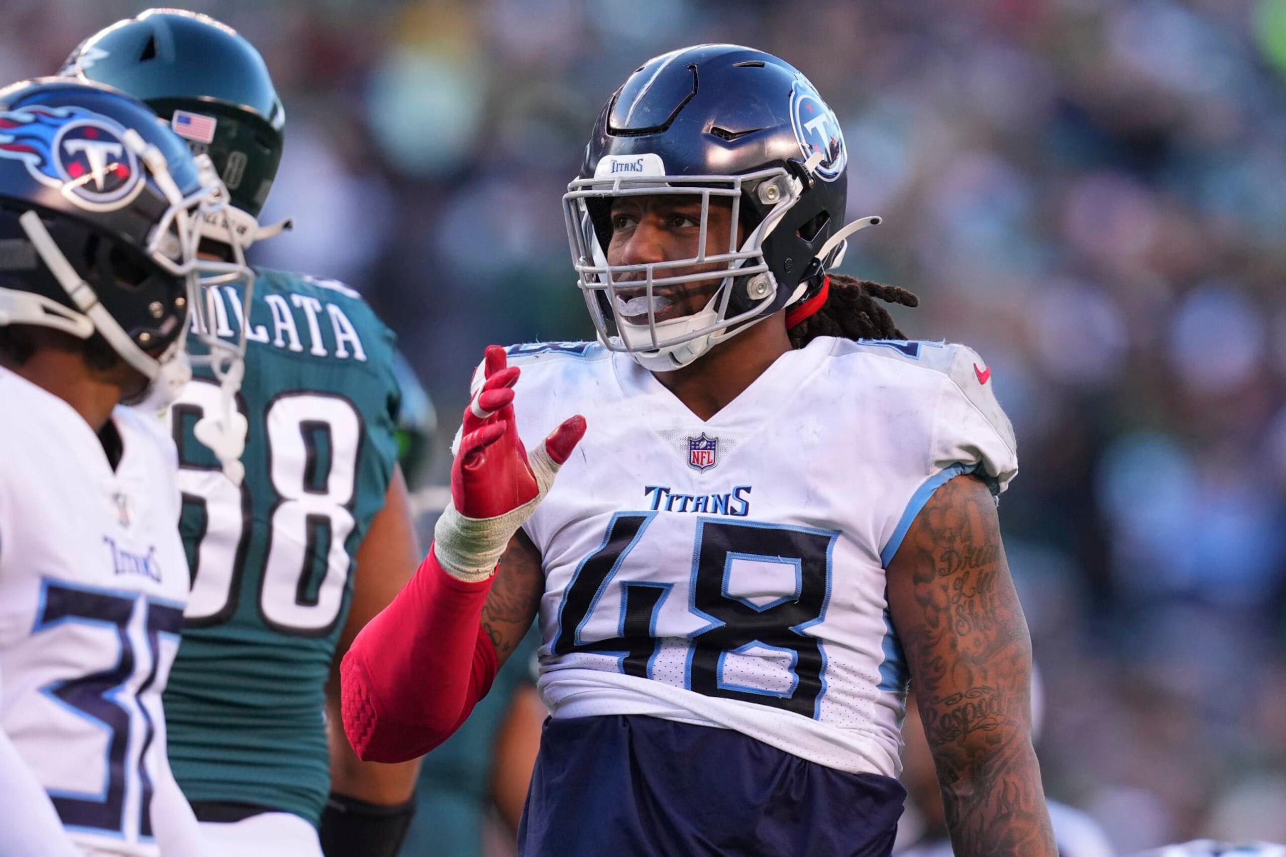 PHILADELPHIA, PA - DECEMBER 04: Bud Dupree #48 of the Tennessee Titans looks on against the Philadelphia Eagles at Lincoln Financial Field on December 4, 2022 in Philadelphia, Pennsylvania. (Photo by Mitchell Leff/Getty Images)
