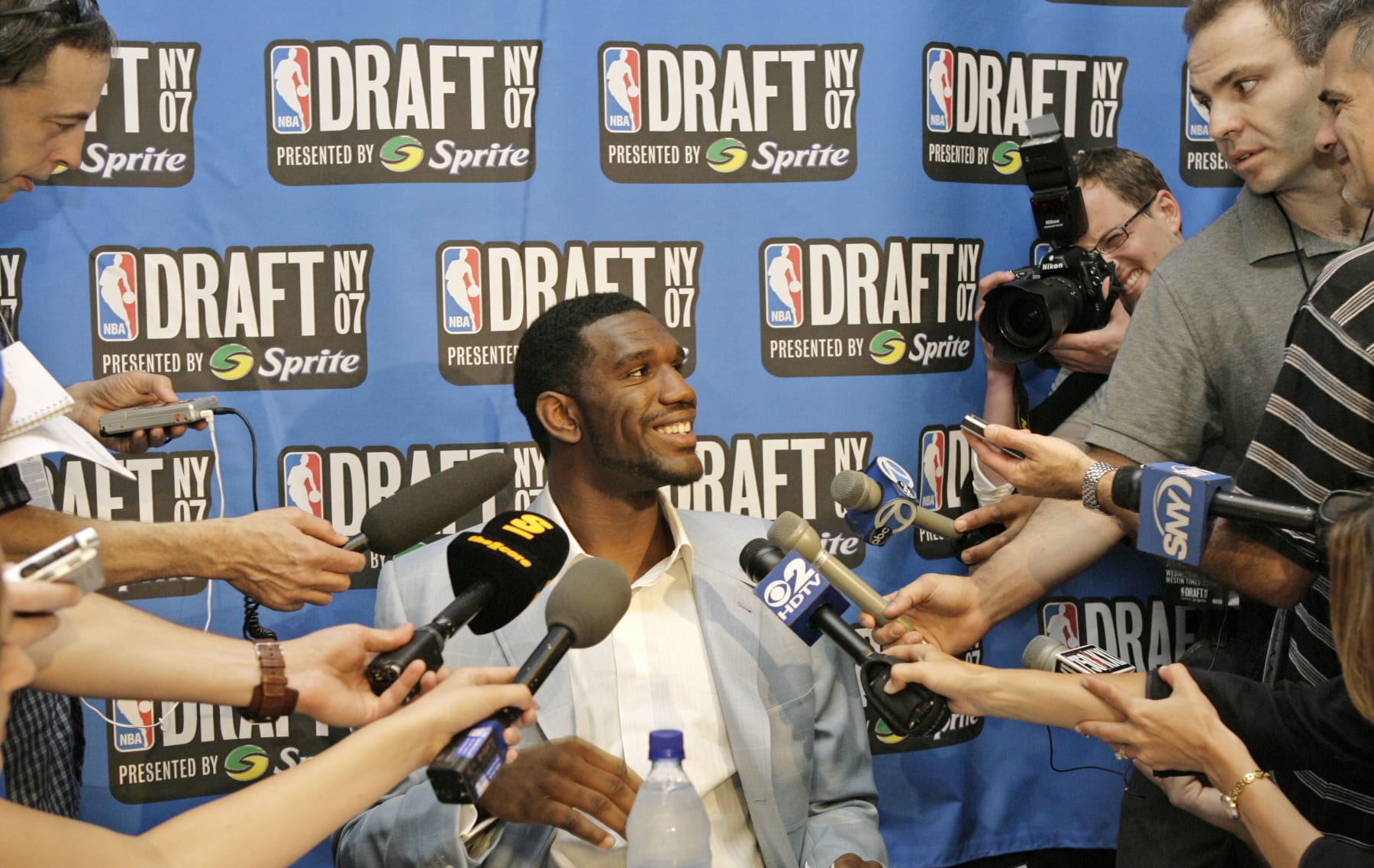 FILE - In this June 27, 2007, file photo, Ohio State's Greg Oden answers reporters' questions the day before the NBA Draft in New York. The 7-footer averaged 15.7 points, 9.6 rebounds and 3.3 blocks for Ohio State before the Portland Trail Blazers took him with the No. 1 pick in the 2007 draft. (AP Photo/Kathy Willens, File)