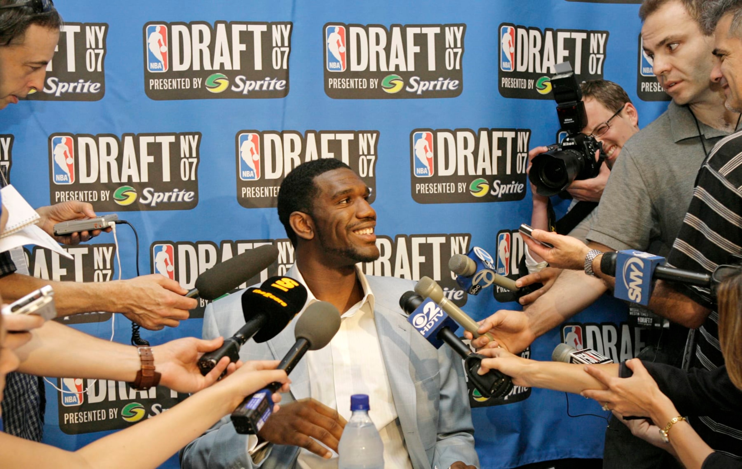 FILE - In this June 27, 2007, file photo, Ohio State's Greg Oden answers reporters' questions the day before the NBA Draft in New York. The 7-footer averaged 15.7 points, 9.6 rebounds and 3.3 blocks for Ohio State before the Portland Trail Blazers took him with the No. 1 pick in the 2007 draft. (AP Photo/Kathy Willens, File)