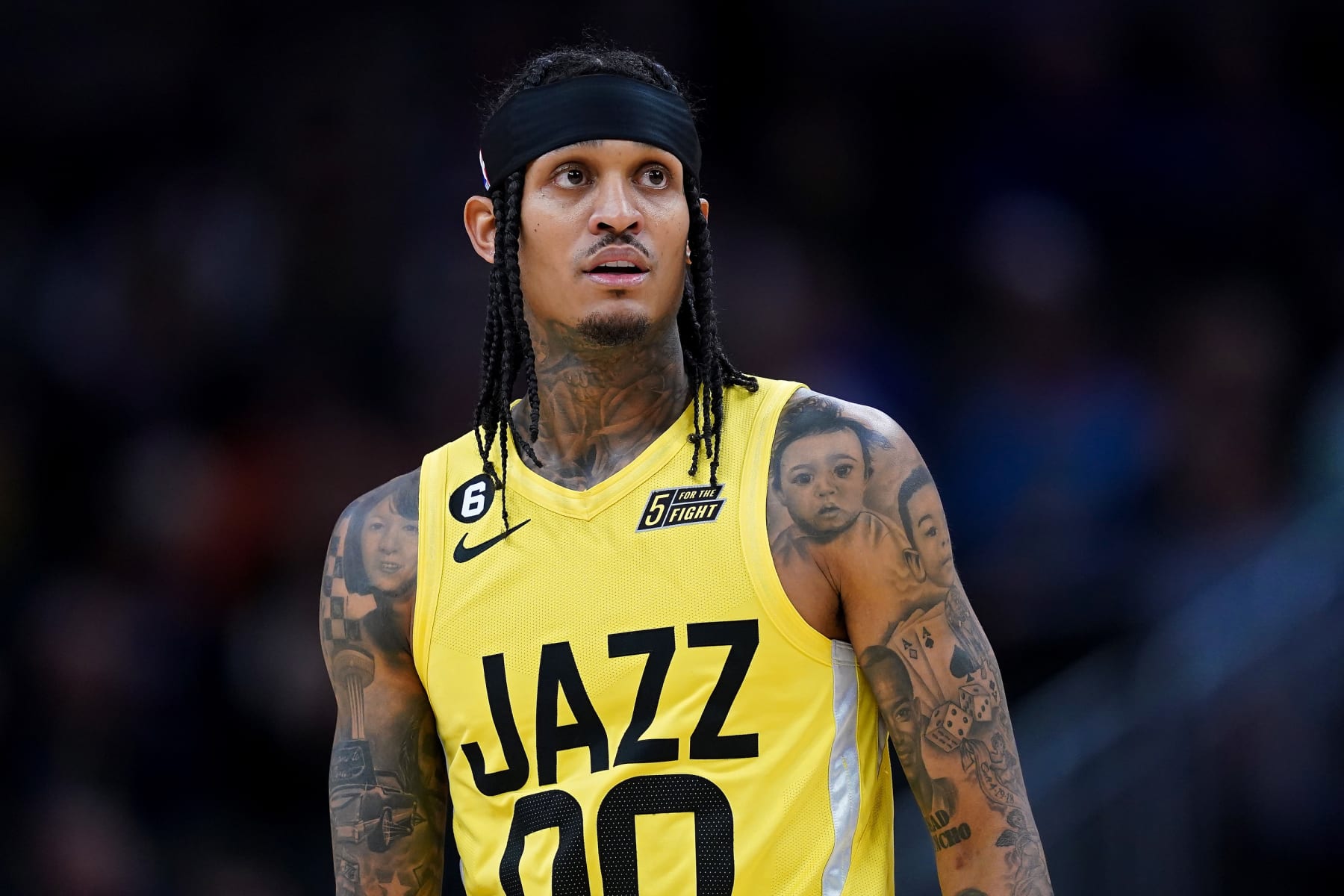 INDIANAPOLIS, INDIANA - FEBRUARY 13: Jordan Clarkson #00 of the Utah Jazz looks on in the third quarter against the Indiana Pacers at Gainbridge Fieldhouse on February 13, 2023 in Indianapolis, Indiana. NOTE TO USER: User expressly acknowledges and agrees that, by downloading and or using this photograph, User is consenting to the terms and conditions of the Getty Images License Agreement. (Photo by Dylan Buell/Getty Images)