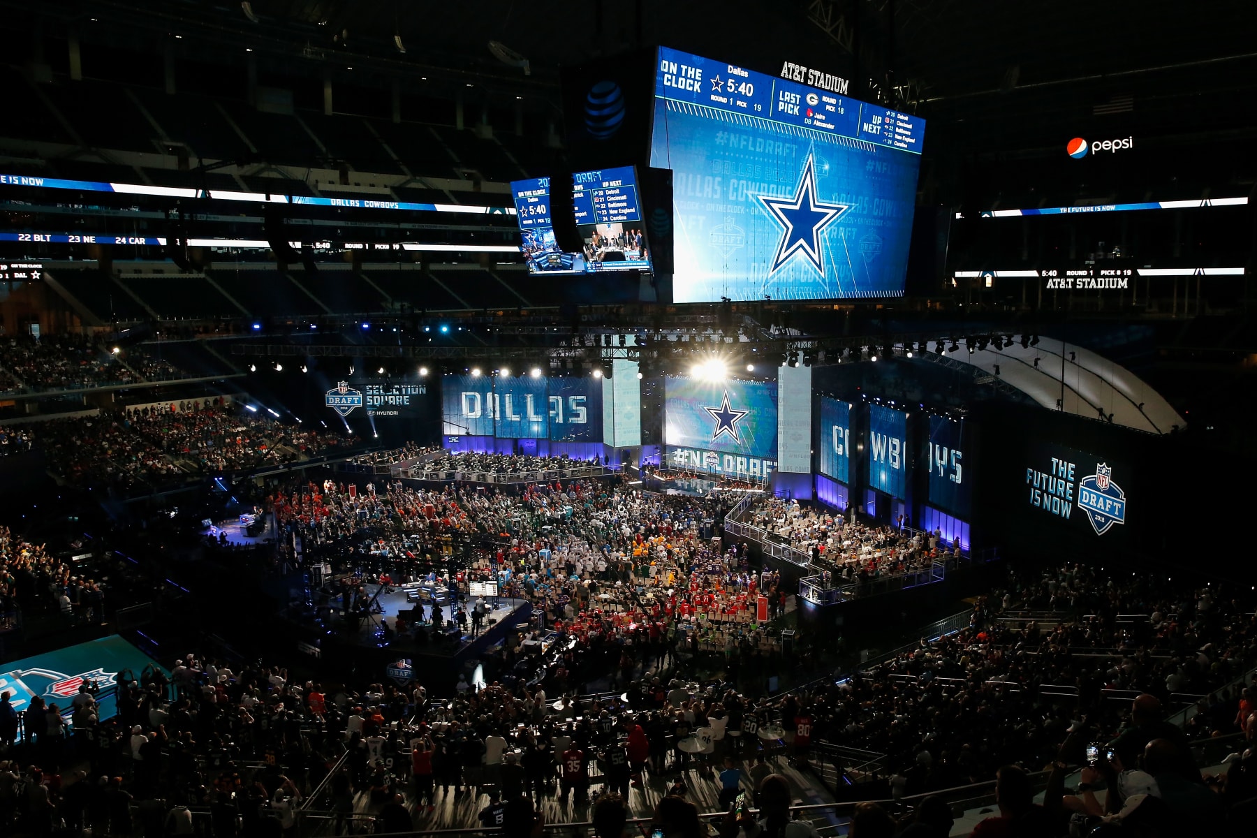 ARLINGTON, TX - APRIL 26:  The Dallas Cowboys logo is seen on a video board during the first round of the 2018 NFL Draft at AT&T Stadium on April 26, 2018 in Arlington, Texas.  (Photo by Tim Warner/Getty Images)