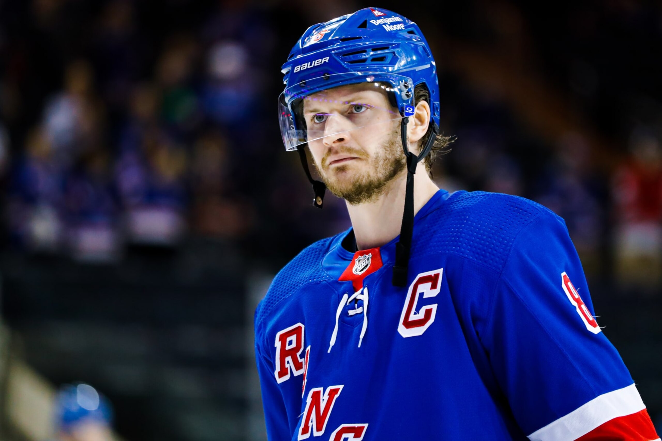 NEW YORK, NEW YORK - APRIL 13:  Jacob Trouba #8 of the New York Rangers skates during warmups prior to the game against the Toronto Maple Leafs at Madison Square Garden on April 13, 2023 in New York City. (Photo by Jared Silber/NHLI via Getty Images)