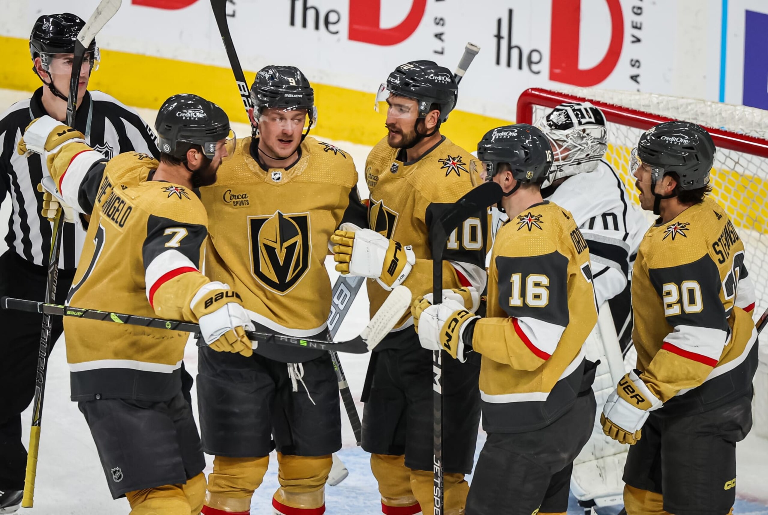 LAS VEGAS, NEVADA - APRIL 06: Nicolas Roy #10 of the Vegas Golden Knights celebrates with teammates after a goal during the first period against the Los Angeles Kings at T-Mobile Arena on April 06, 2023 in Las Vegas, Nevada. (Photo by Zak Krill/NHLI via Getty Images)