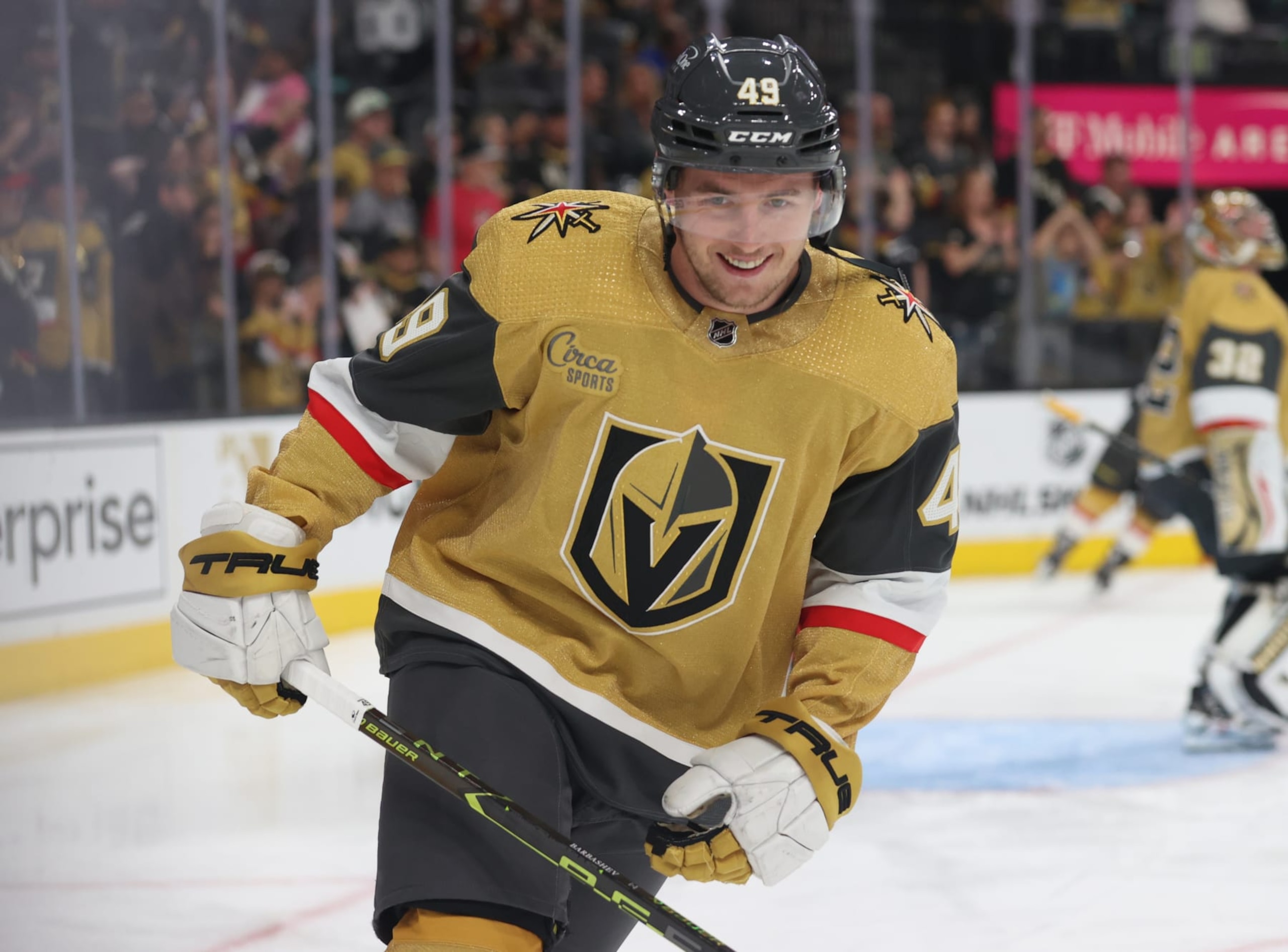 LAS VEGAS, NEVADA - APRIL 11: Ivan Barbashev #49 of the Vegas Golden Knights warms up prior to a game against the Seattle Kraken at T-Mobile Arena on April 11, 2023 in Las Vegas, Nevada. (Photo by Zak Krill/NHLI via Getty Images)