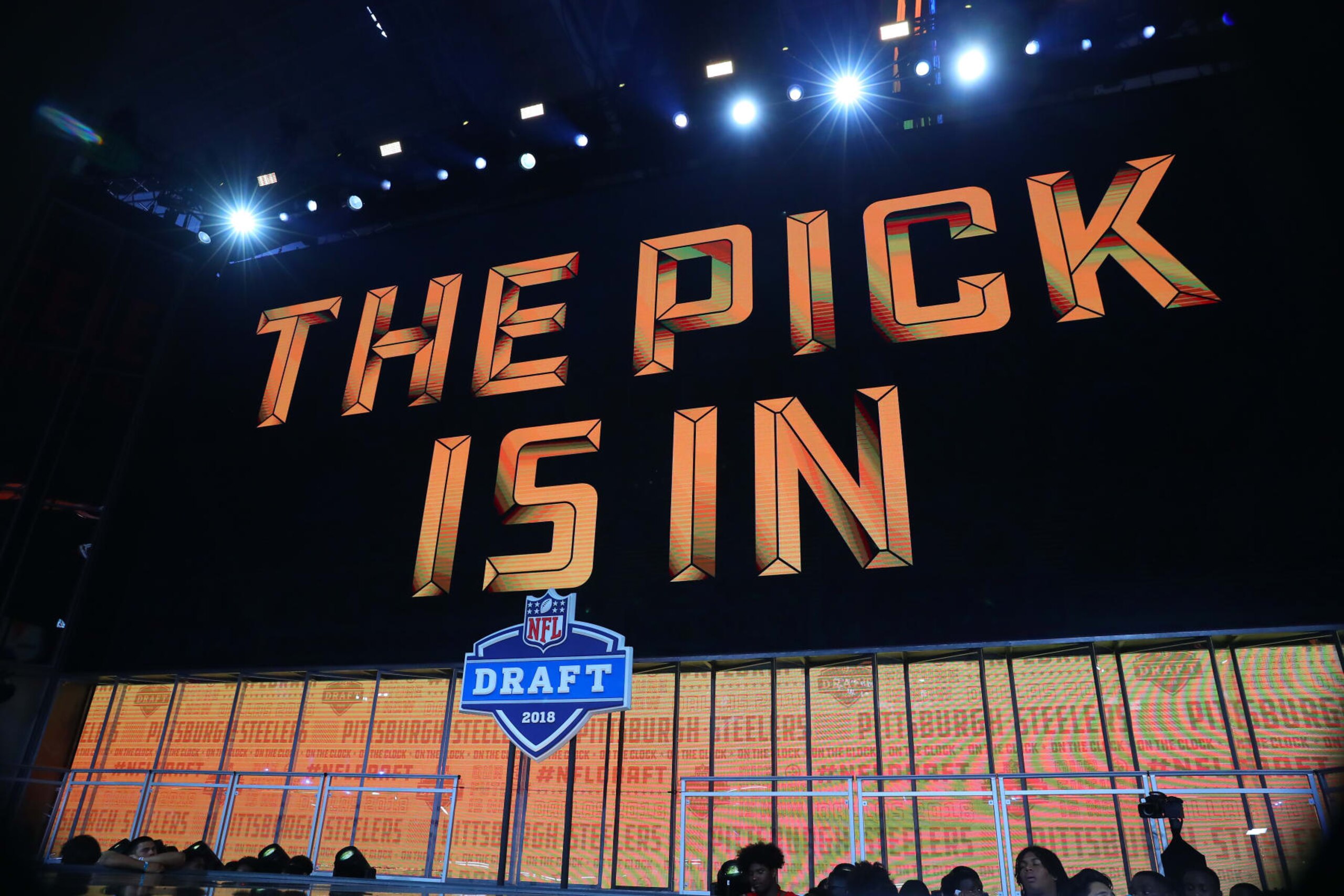 ARLINGTON, TX - APRIL 26:   Pittsburgh Steelers the pick is in logo on the video board during the first round at the 2018 NFL Draft at AT&T Statium on April 26, 2018 at AT&T Stadium in Arlington Texas.  (Photo by Rich Graessle/Icon Sportswire via Getty Images)