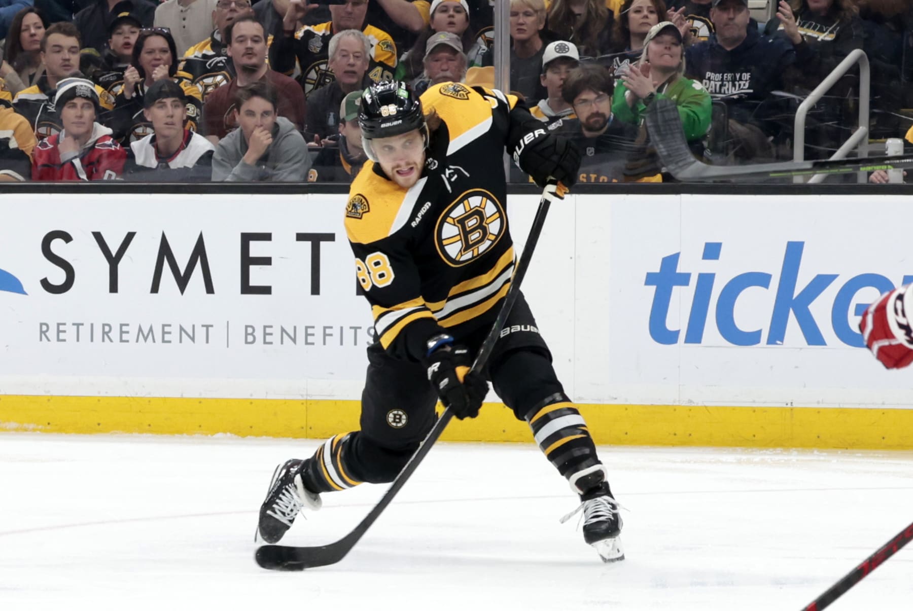 BOSTON, MA - APRIL 11: Boston Bruins right wing David Pastrnak (88) takes a shot during a game between the Boston Bruins and the Washington Capitals on April 11, 2023, at TD Garden in Boston, Massachusetts. (Photo by Fred Kfoury III/Icon Sportswire via Getty Images)