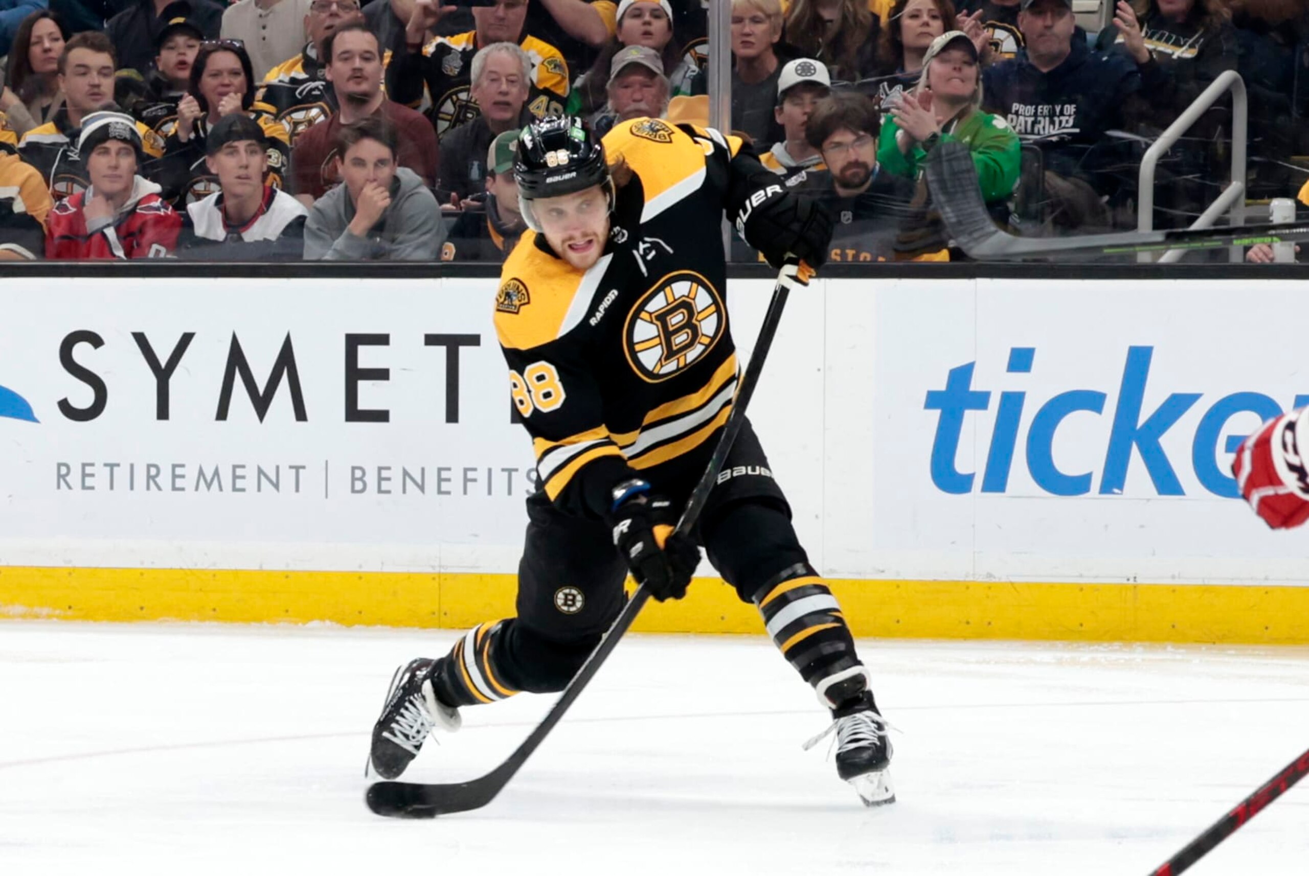 BOSTON, MA - APRIL 11: Boston Bruins right wing David Pastrnak (88) takes a shot during a game between the Boston Bruins and the Washington Capitals on April 11, 2023, at TD Garden in Boston, Massachusetts. (Photo by Fred Kfoury III/Icon Sportswire via Getty Images)