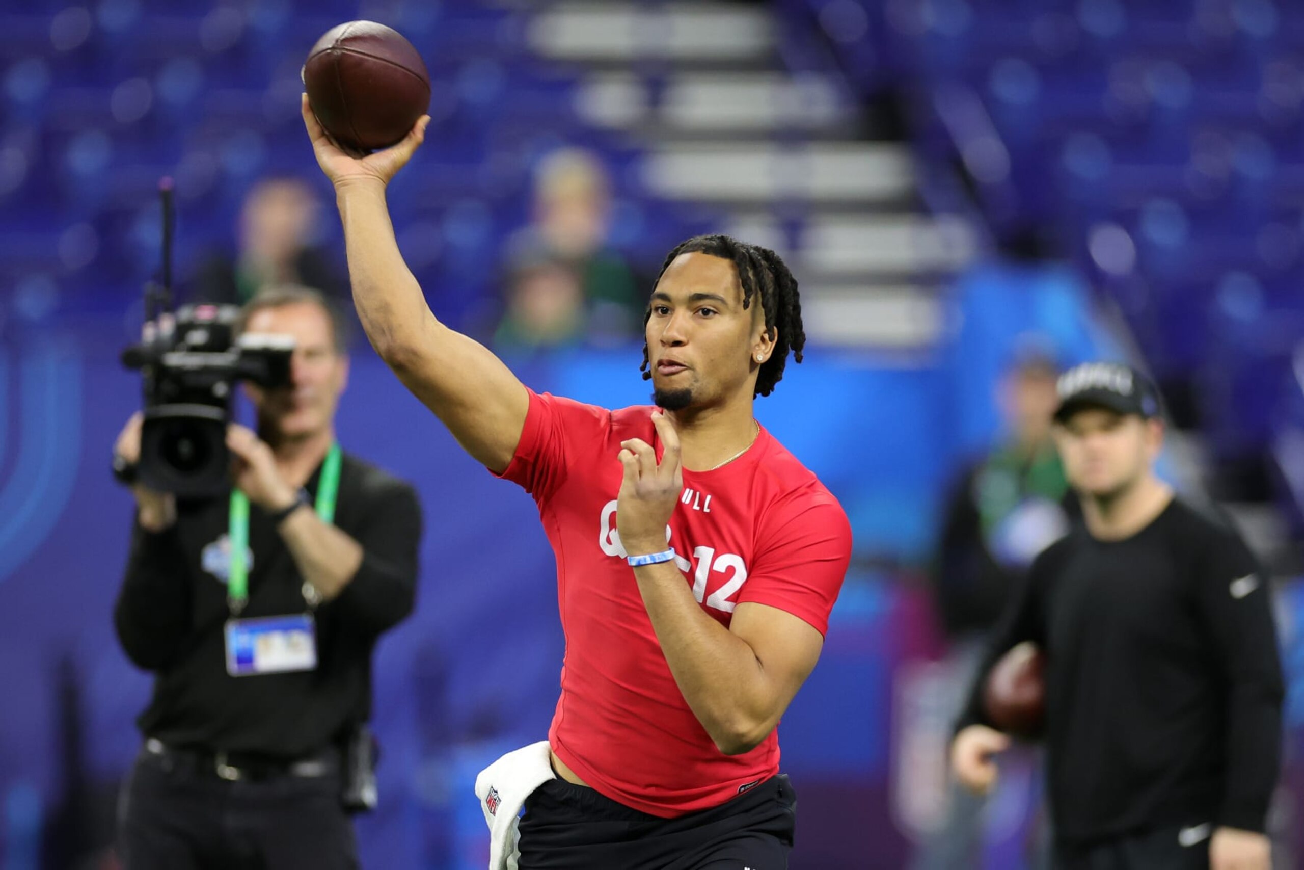 INDIANAPOLIS, INDIANA - MARCH 04: CJ Stroud of Ohio State participates in a drill during the NFL Combine at Lucas Oil Stadium on March 04, 2023 in Indianapolis, Indiana. (Photo by Stacy Revere/Getty Images)