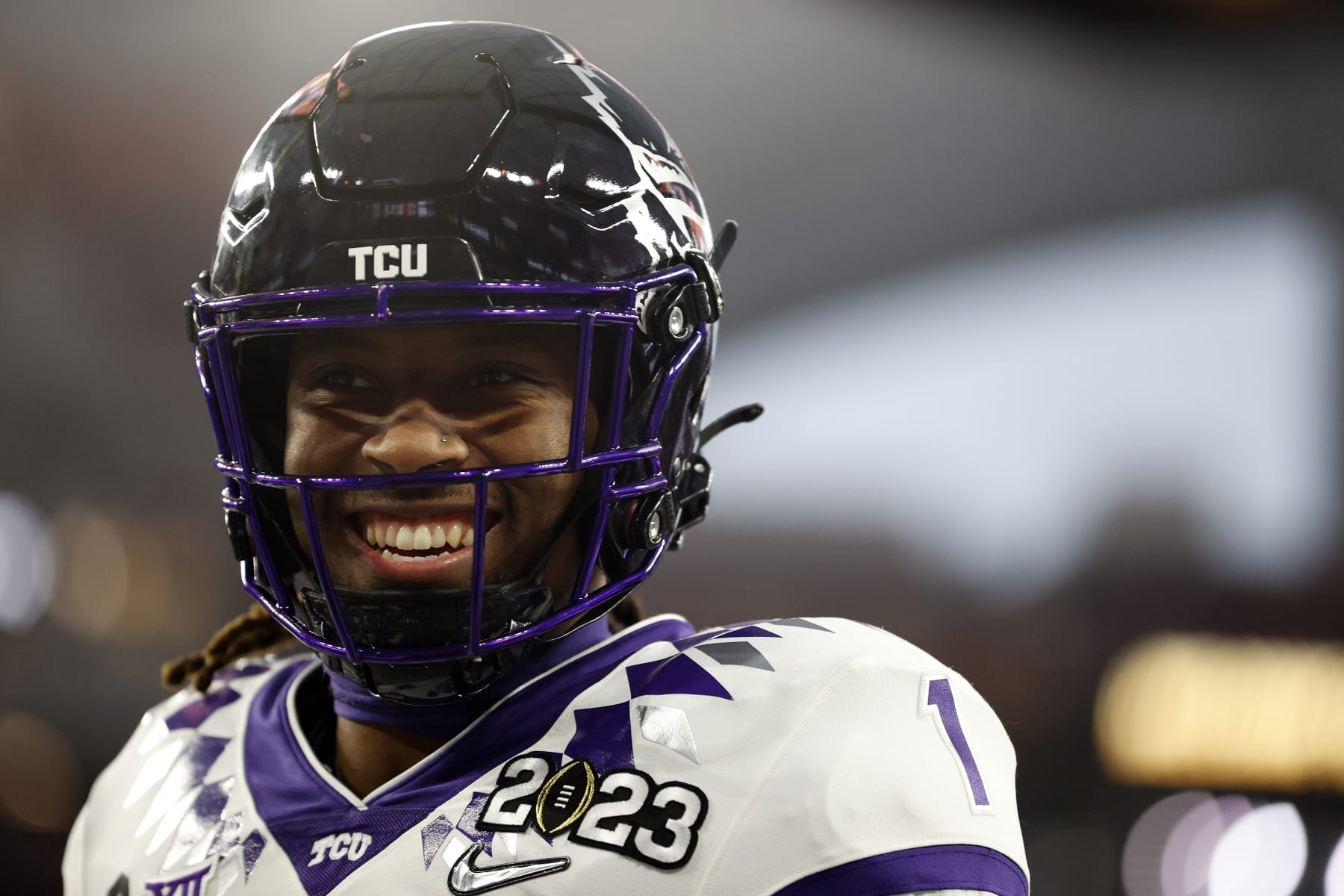 INGLEWOOD, CALIFORNIA - JANUARY 09: Quentin Johnston #1 of the TCU Horned Frogs warms up before the College Football Playoff National Championship game against the Georgia Bulldogs at SoFi Stadium on January 09, 2023 in Inglewood, California. (Photo by Steph Chambers/Getty Images)