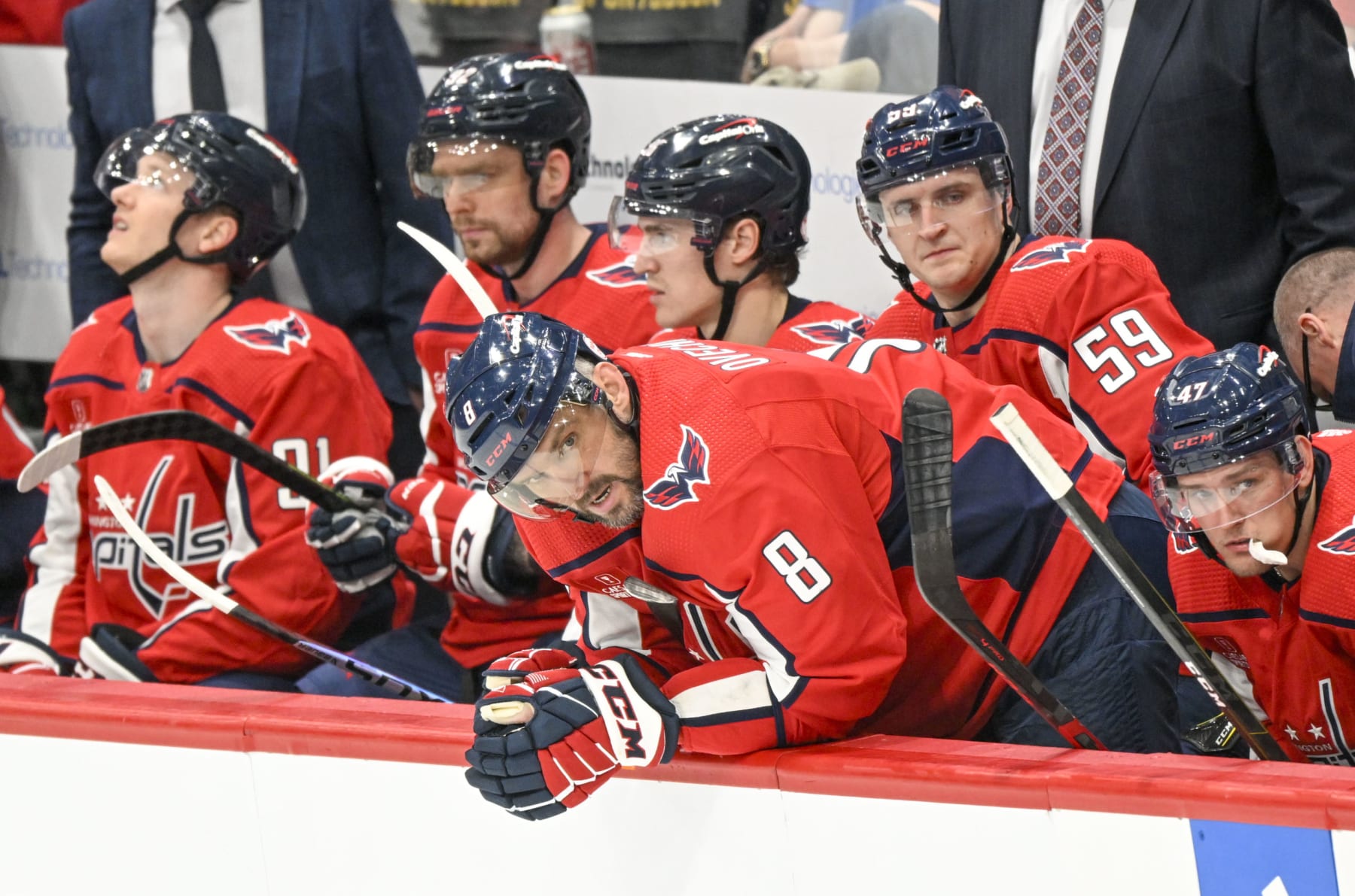 WASHINGTON, DC - APRIL 13:  Washington Capitals left wing Alex Ovechkin (8) looks on from the bench as they battle New Jersey Devils during the final game of the season at Capital One Arena on April 13, 2023.  (Photo by Jonathan Newton/The Washington Post via Getty Images)