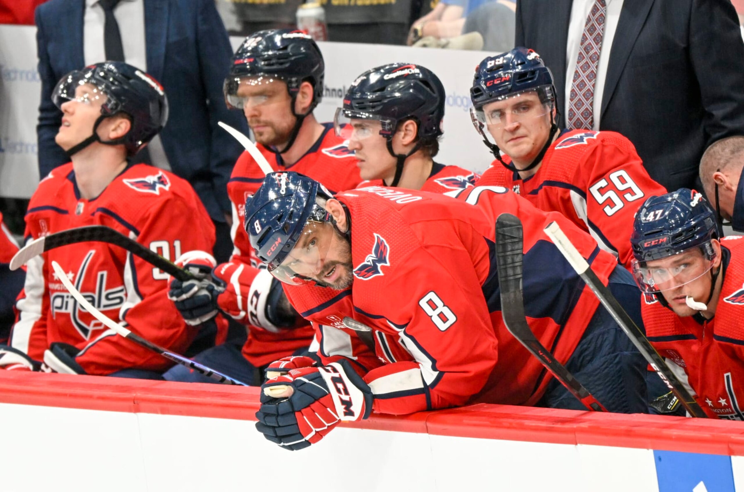 WASHINGTON, DC - APRIL 13: Washington Capitals left wing Alex Ovechkin (8) looks on from the bench as they battle New Jersey Devils during the final game of the season at Capital One Arena on April 13, 2023. (Photo by Jonathan Newton/The Washington Post via Getty Images) WASHINGTON, DC - APRIL 13: Washington Capitals left wing Alex Ovechkin (8) looks on from the bench as they battle New Jersey Devils during the final game of the season at Capital One Arena on April 13, 2023. (Photo by Jonathan Newton/The Washington Post via Getty Images)