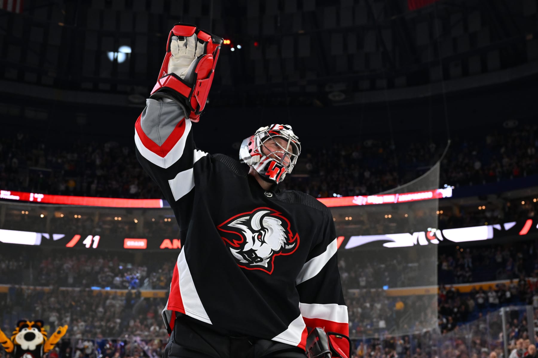 BUFFALO, NY - APRIL 13: Craig Anderson #41 of the Buffalo Sabres salutes the crowd after an NHL game against the Ottawa Senators on April 13, 2023 at KeyBank Center in Buffalo, New York. Buffalo won, 4-3 in overtime. (Photo by Joe Hrycych/NHLI via Getty Images)