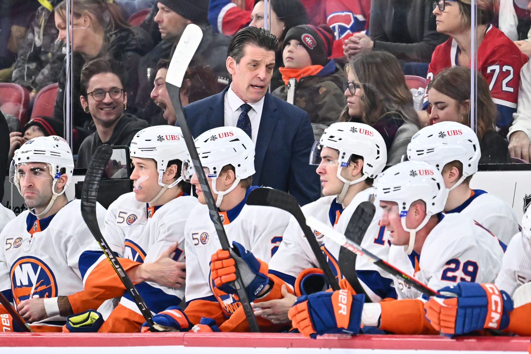 MONTREAL, CANADA - FEBRUARY 11:  Head Coach of the New York Islanders Lane Lambert handles bench duties during the first period against the Montreal Canadiens at Centre Bell on February 11, 2023 in Montreal, Quebec, Canada.  The Montreal Canadiens defeated the New York Islanders 4-3 in overtime.  (Photo by Minas Panagiotakis/Getty Images)