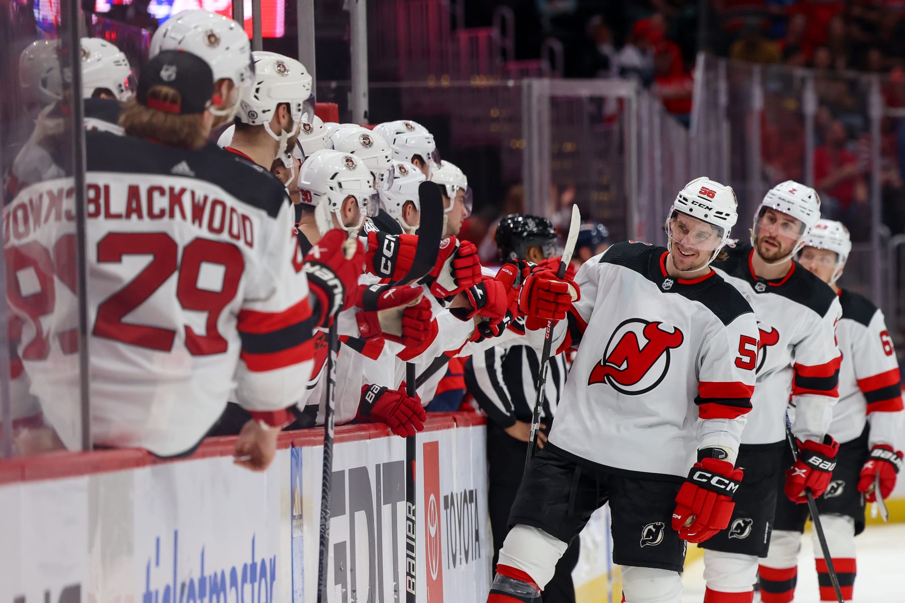 WASHINGTON, DC - APRIL 13: Erik Haula #56 of the New Jersey Devils celebrates a goal in the third period against the Washington Capitals at Capital One Arena on April 13, 2023 in Washington, D.C. (Photo by John McCreary/NHLI via Getty Images)
