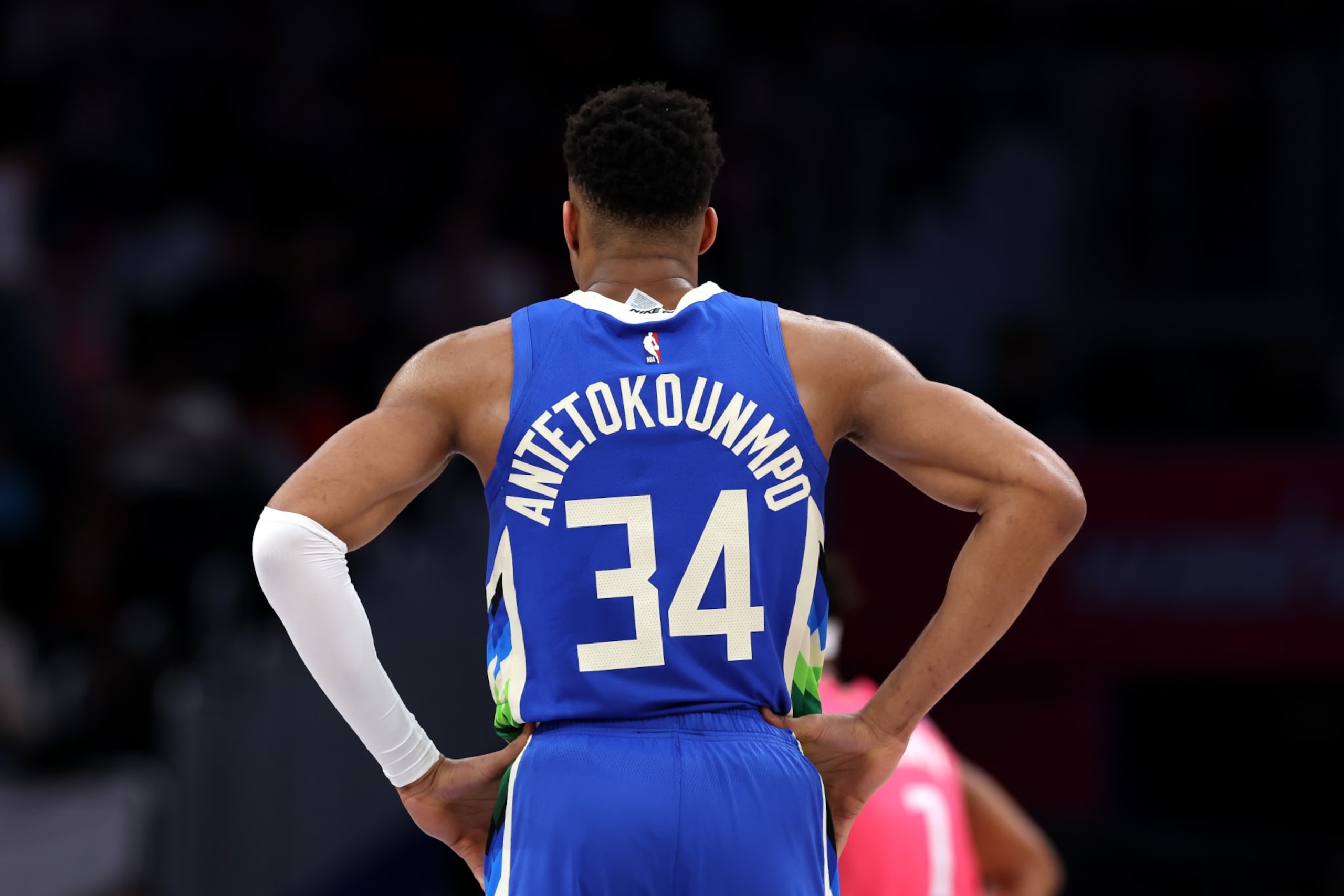 WASHINGTON, DC - APRIL 04: Giannis Antetokounmpo #34 of the Milwaukee Bucks looks on against the Washington Wizards in the first half at Capital One Arena on April 04, 2023 in Washington, DC. NOTE TO USER: User expressly acknowledges and agrees that, by downloading and or using this photograph, User is consenting to the terms and conditions of the Getty Images License Agreement. (Photo by Rob Carr/Getty Images) WASHINGTON, DC - APRIL 04: Giannis Antetokounmpo #34 of the Milwaukee Bucks looks on against the Washington Wizards in the first half at Capital One Arena on April 04, 2023 in Washington, DC. NOTE TO USER: User expressly acknowledges and agrees that, by downloading and or using this photograph, User is consenting to the terms and conditions of the Getty Images License Agreement. (Photo by Rob Carr/Getty Images)