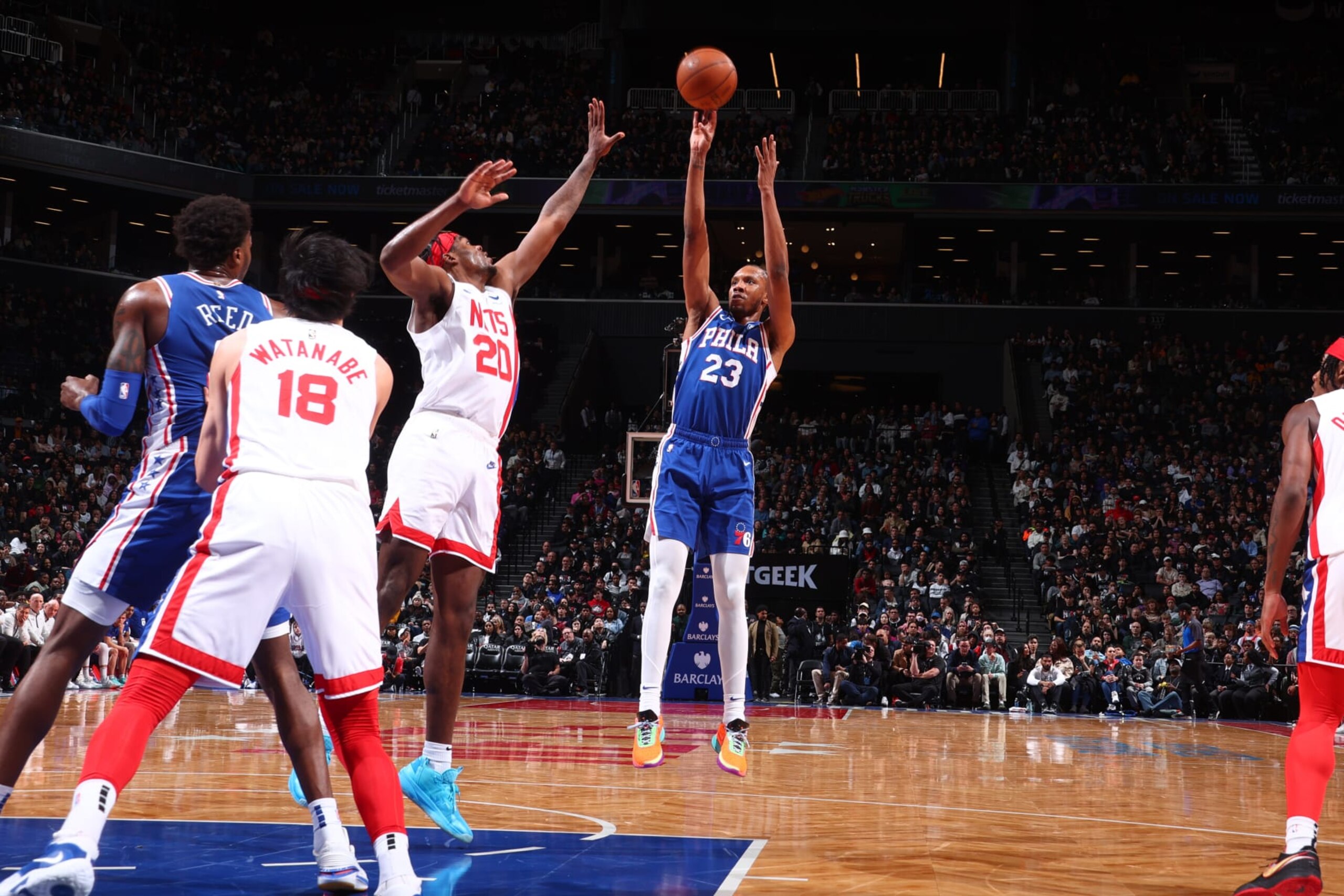 BROOKLYN, NY - APRIL 9: Louis King #23 of the Philadelphia 76ers shoots the ball during the game against the Brooklyn Nets on April 9, 2023 at Barclays Center in Brooklyn, New York. NOTE TO USER: User expressly acknowledges and agrees that, by downloading and or using this Photograph, user is consenting to the terms and conditions of the Getty Images License Agreement. Mandatory Copyright Notice: Copyright 2023 NBAE (Photo by Nathaniel S. Butler/NBAE via Getty Images) BROOKLYN, NY - APRIL 9: Louis King #23 of the Philadelphia 76ers shoots the ball during the game against the Brooklyn Nets on April 9, 2023 at Barclays Center in Brooklyn, New York. NOTE TO USER: User expressly acknowledges and agrees that, by downloading and or using this Photograph, user is consenting to the terms and conditions of the Getty Images License Agreement. Mandatory Copyright Notice: Copyright 2023 NBAE (Photo by Nathaniel S. Butler/NBAE via Getty Images)