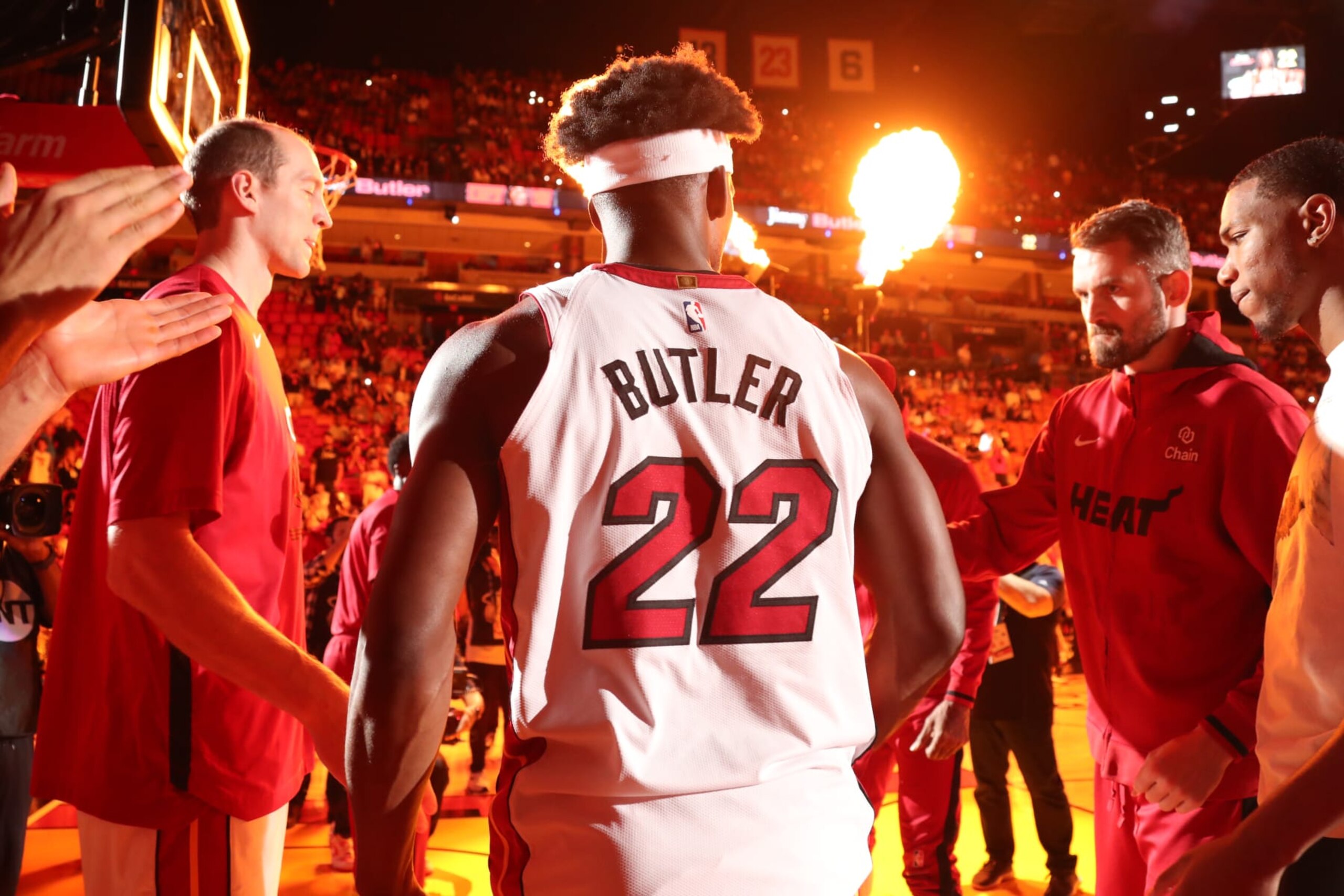 MIAMI, FL - APRIL 14: Jimmy Butler #22 of the Miami Heat is introduced before the game against the Chicago Bulls during the 2023 Play-In Tournament on April 14, 2023 at the Kaseya Center in Miami, Florida. NOTE TO USER: User expressly acknowledges and agrees that, by downloading and or using this Photograph, user is consenting to the terms and conditions of the Getty Images License Agreement. Mandatory Copyright Notice: Copyright 2023 NBAE (Photo by Issac Baldizon/NBAE via Getty Images) MIAMI, FL - APRIL 14: Jimmy Butler #22 of the Miami Heat is introduced before the game against the Chicago Bulls during the 2023 Play-In Tournament on April 14, 2023 at the Kaseya Center in Miami, Florida. NOTE TO USER: User expressly acknowledges and agrees that, by downloading and or using this Photograph, user is consenting to the terms and conditions of the Getty Images License Agreement. Mandatory Copyright Notice: Copyright 2023 NBAE (Photo by Issac Baldizon/NBAE via Getty Images)