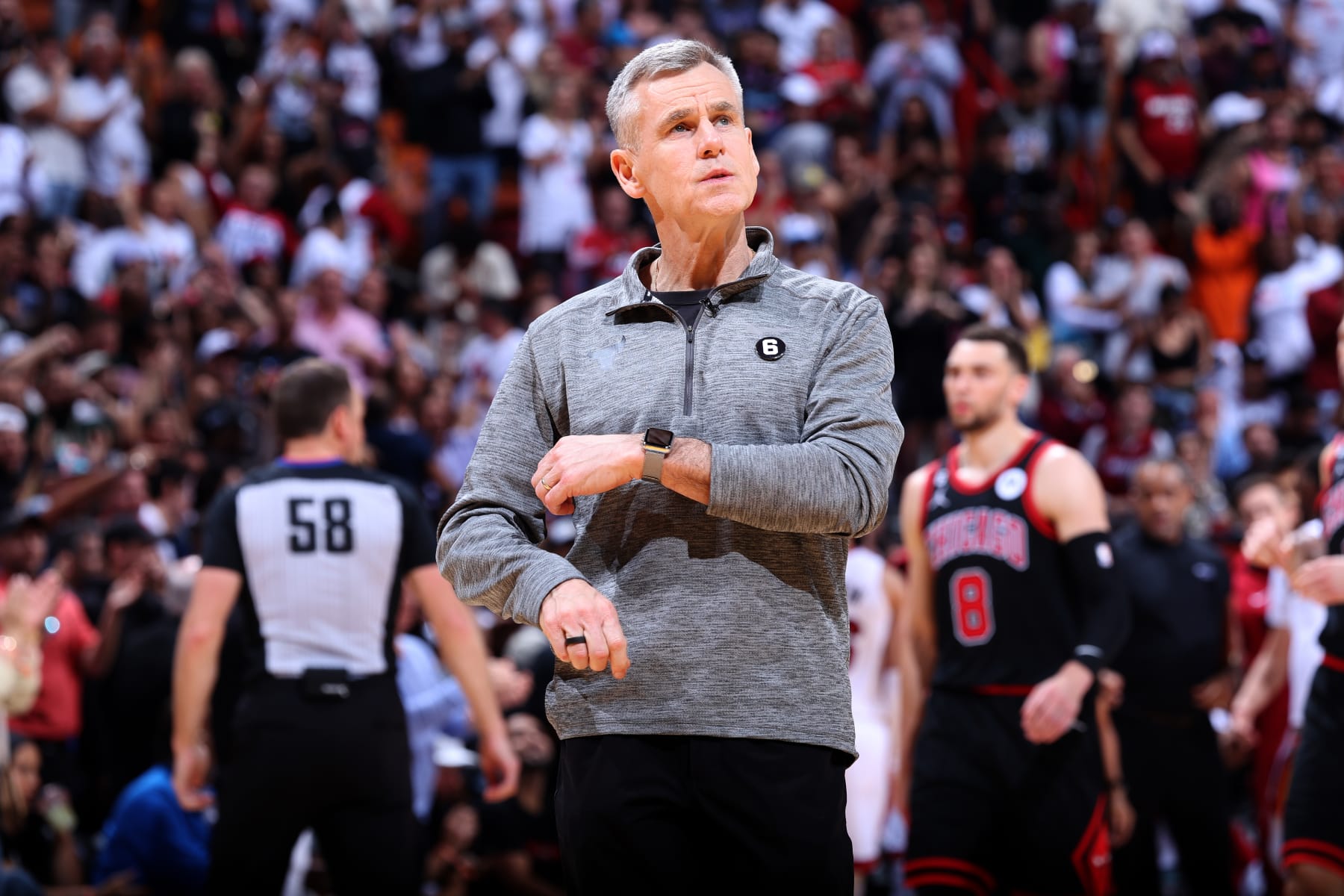 MIAMI, FL - APRIL 14: Head Coach Billy Donovan of the Chicago Bulls looks on during the game against the Miami Heat During the 2023 Play-in Tournament on April 14, 2023 at Kaseya Center in Miami, Florida. NOTE TO USER: User expressly acknowledges and agrees that, by downloading and or using this photograph, User is consenting to the terms and conditions of the Getty Images License Agreement. Mandatory Copyright Notice: Copyright 2023 NBAE (Photo by Jeff Haynes/NBAE via Getty Images)