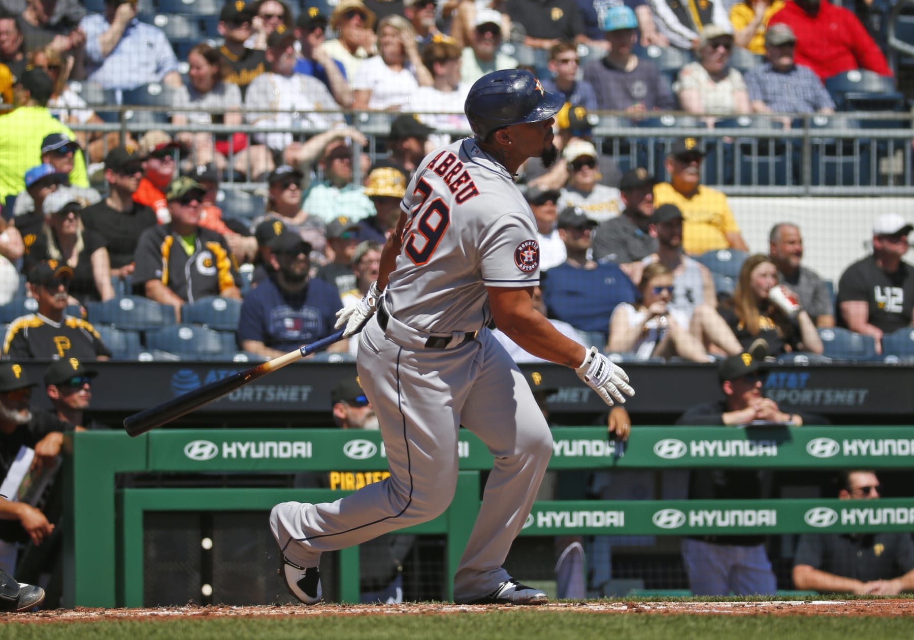 PITTSBURGH, PA - APRIL 12:  Jose Abreu #79 of the Houston Astros hits an RBI double in the third inning against the Pittsburgh Pirates during inter-league play at PNC Park on April 12, 2023 in Pittsburgh, Pennsylvania.  (Photo by Justin K. Aller/Getty Images)