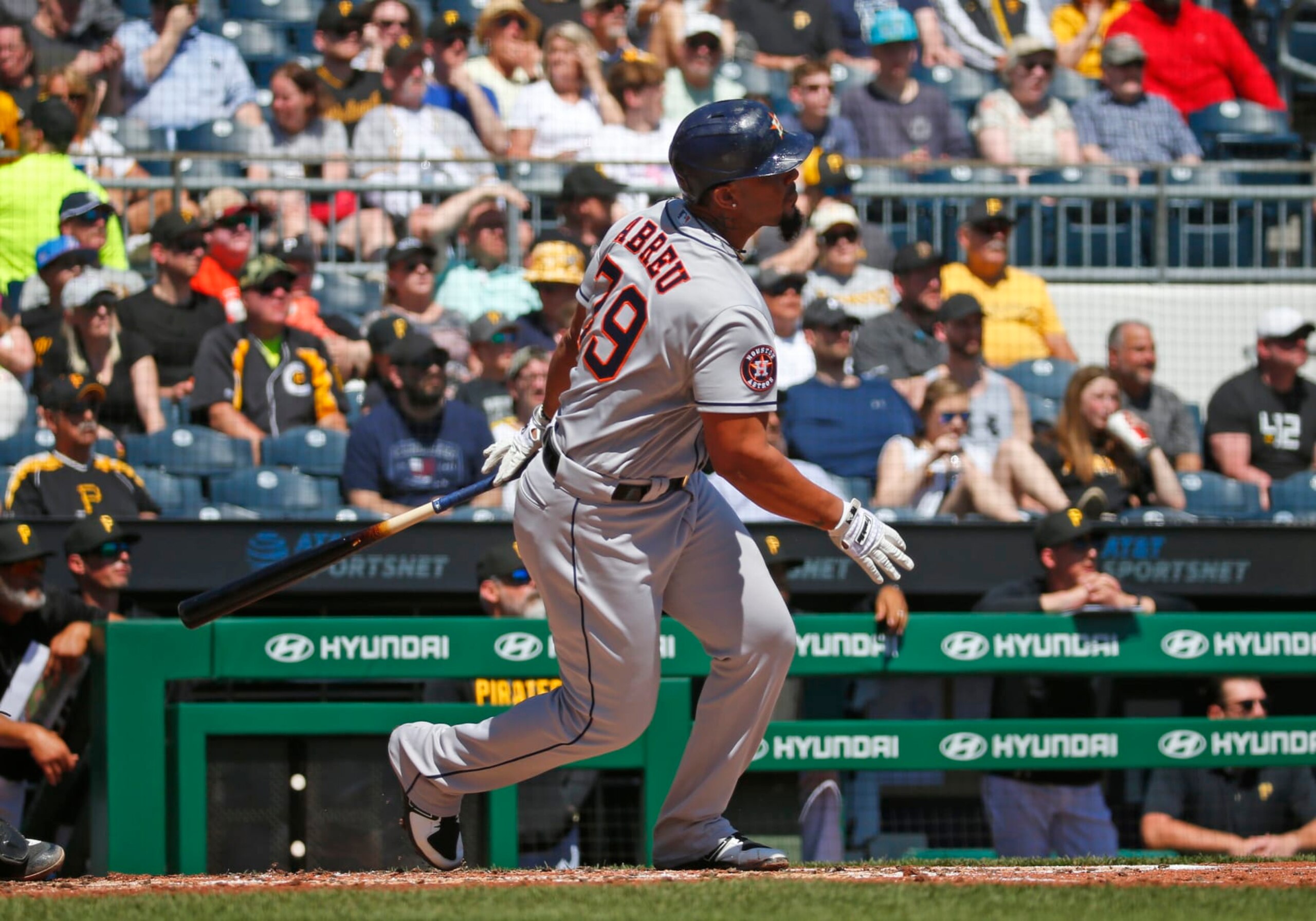 PITTSBURGH, PA - APRIL 12:  Jose Abreu #79 of the Houston Astros hits an RBI double in the third inning against the Pittsburgh Pirates during inter-league play at PNC Park on April 12, 2023 in Pittsburgh, Pennsylvania.  (Photo by Justin K. Aller/Getty Images)