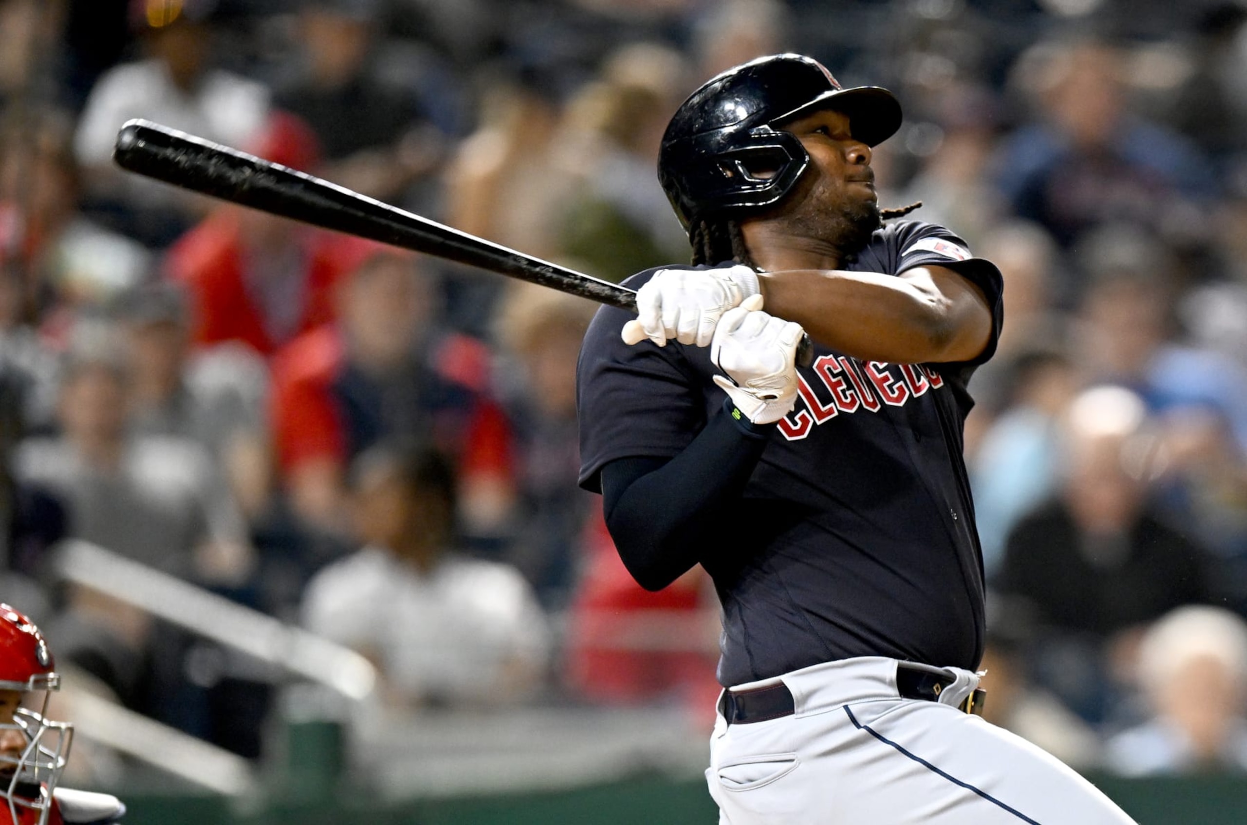 WASHINGTON, DC - APRIL 14: Josh Bell #55 of the Cleveland Guardians hits a home run in the seventh inning against the Washington Nationals at Nationals Park on April 14, 2023 in Washington, DC. (Photo by Greg Fiume/Getty Images)