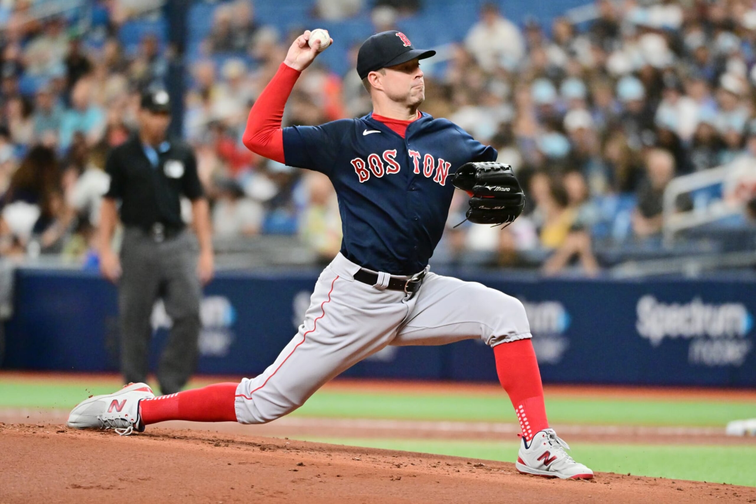 ST PETERSBURG, FLORIDA - APRIL 13: Corey Kluber #28 of the Boston Red Sox delivers a pitch to the Tampa Bay Rays in the first inning at Tropicana Field on April 13, 2023 in St Petersburg, Florida. (Photo by Julio Aguilar/Getty Images)