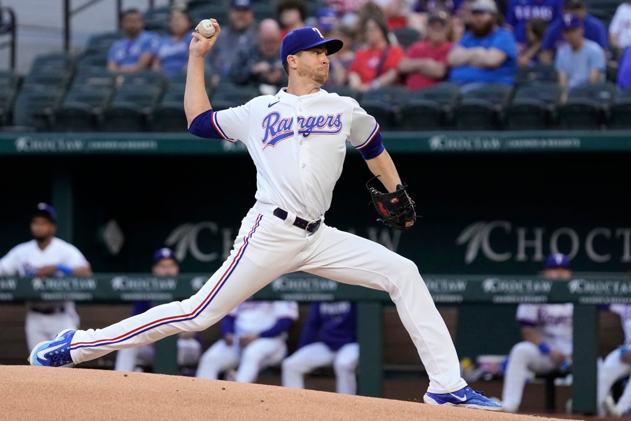 ARLINGTON, TEXAS - APRIL 11: Jacob deGrom #48 of the Texas Rangers pitches against the Kansas City Royals at Globe Life Field on April 11, 2023 in Arlington, Texas. (Photo by Sam Hodde/Getty Images)