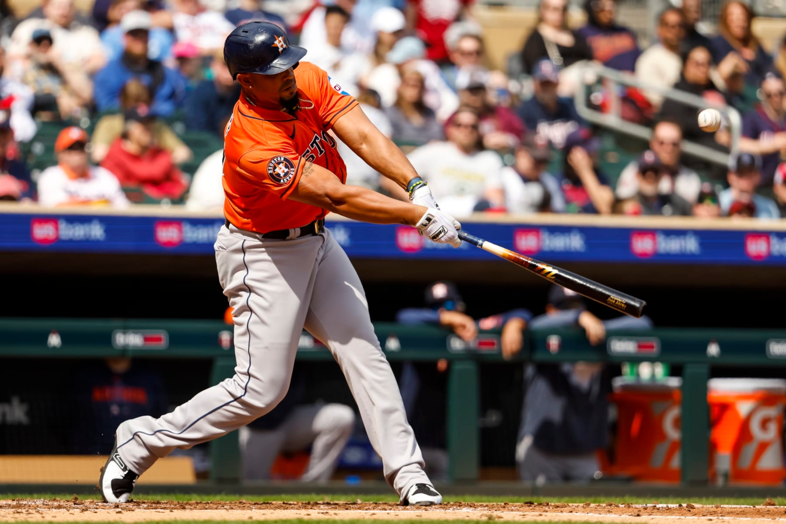 MINNEAPOLIS, MN - APRIL 09: Jose Abreu #79 of the Houston Astros hits a single against the Minnesota Twins in the fourth inning of the game at Target Field on April 9, 2023 in Minneapolis, Minnesota. The Astros defeated the Twins 5-1. (Photo by David Berding/Getty Images)