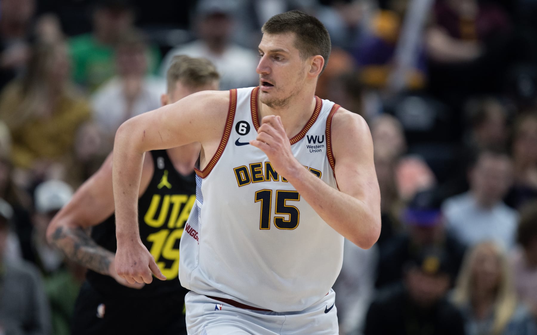SALT LAKE CITY UT - APRIL 8: Nikola Jokic #15 of the Denver Nuggets runs up the court against the Utah Jazz during the first half of their game on April 8, 2023 at the Vivint Arena in Salt Lake City, Utah. NOTE TO USER: User expressly acknowledges and agrees that, by downloading and using this photograph, User is consenting to the terms and conditions of the Getty Images License Agreement(Photo by Chris Gardner/ Getty Images)